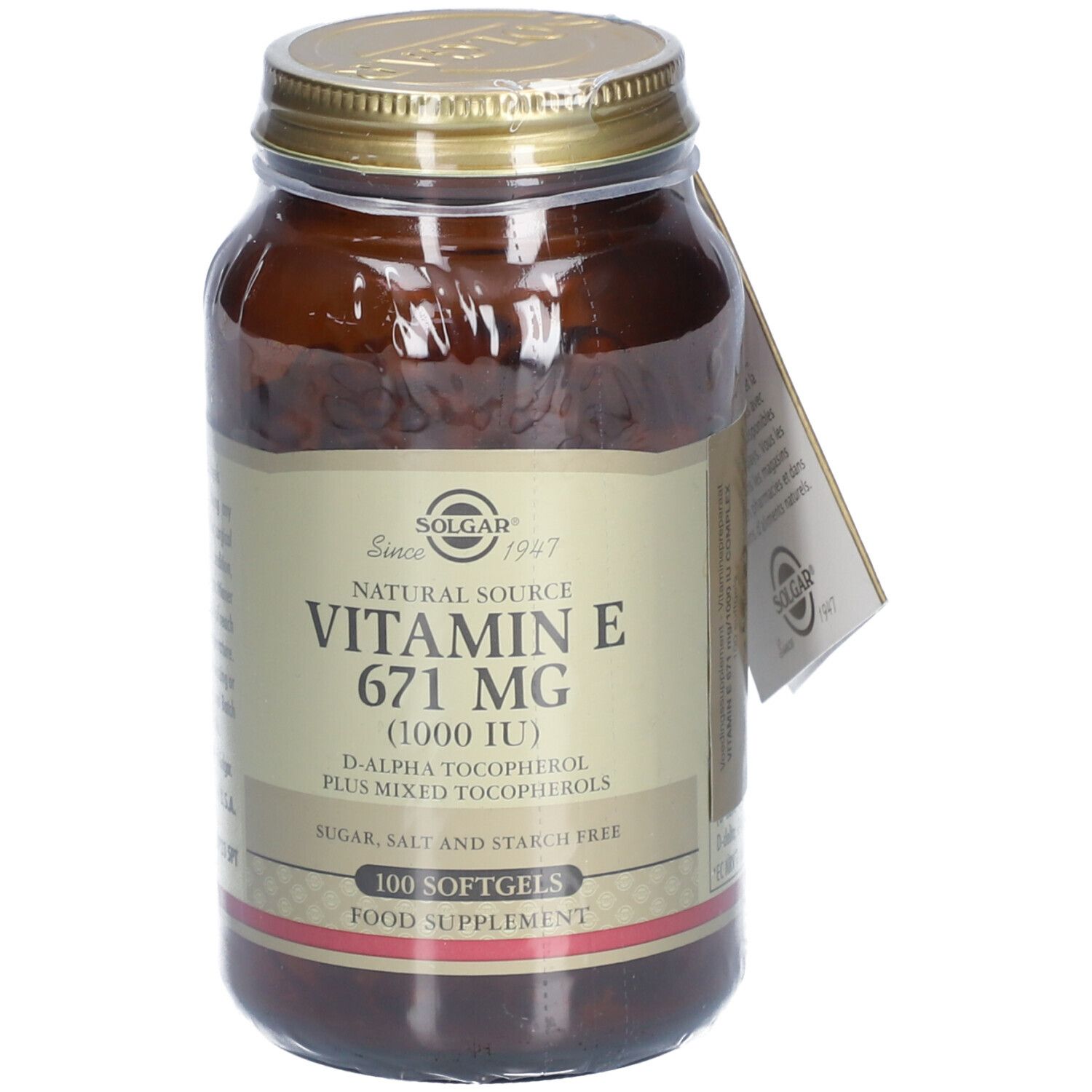 Bruine glazen fles met gouden deksel. Etiket met "Solgar" en "Vitamine E 671 mg (1000 IE)". Bevat 100 softgels.