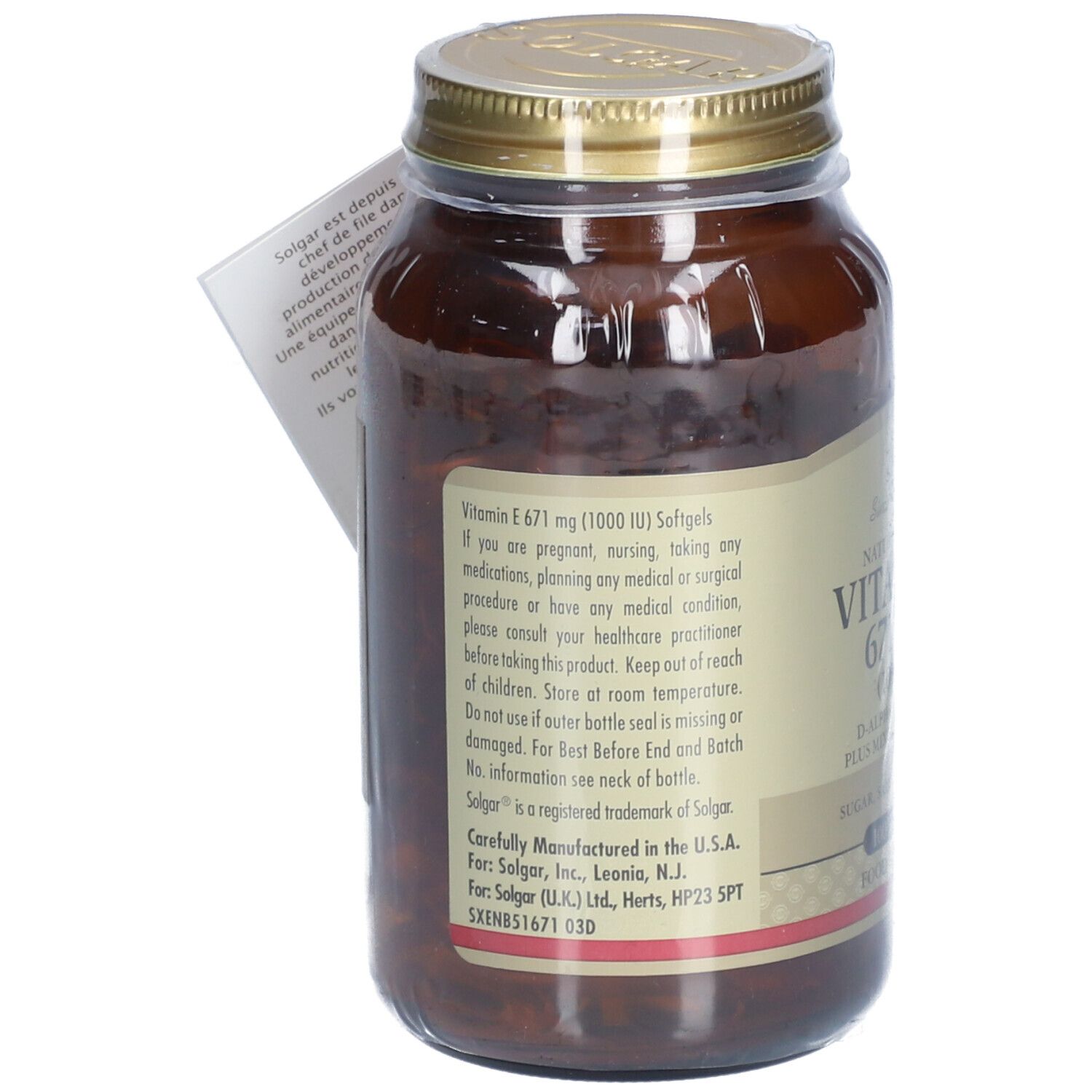 Bruine glazen fles met gouden deksel. Productinformatie op etiket. Label met tekst. "Solgar" logo.