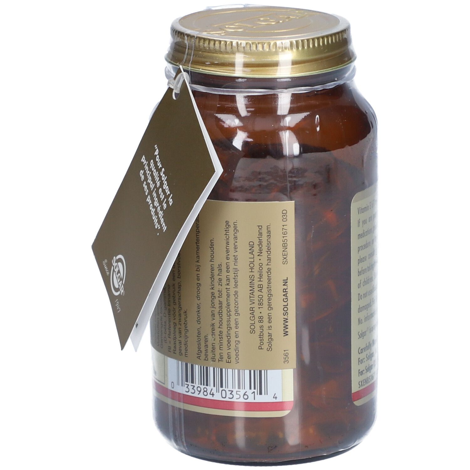 Bruine glazen fles met gouden deksel. Label met tekst. "Solgar Vitamins Holland" en barcode.