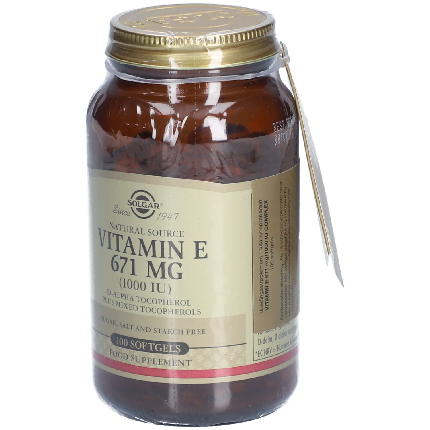 Bruine glazen fles met gouden deksel. Etiket met "Solgar" en "Vitamine E 671 mg (1000 IE)". Bevat 100 softgels.
