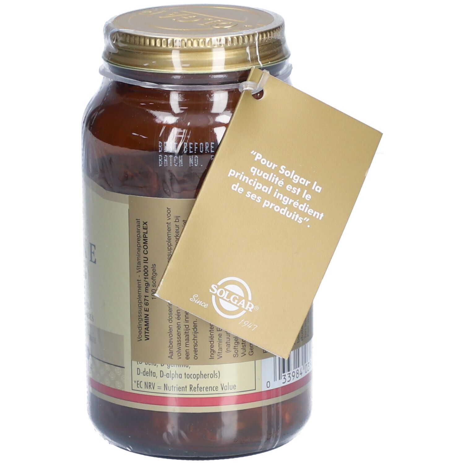 Bruine glazen fles met gouden deksel. Label met tekst. "Solgar" logo.