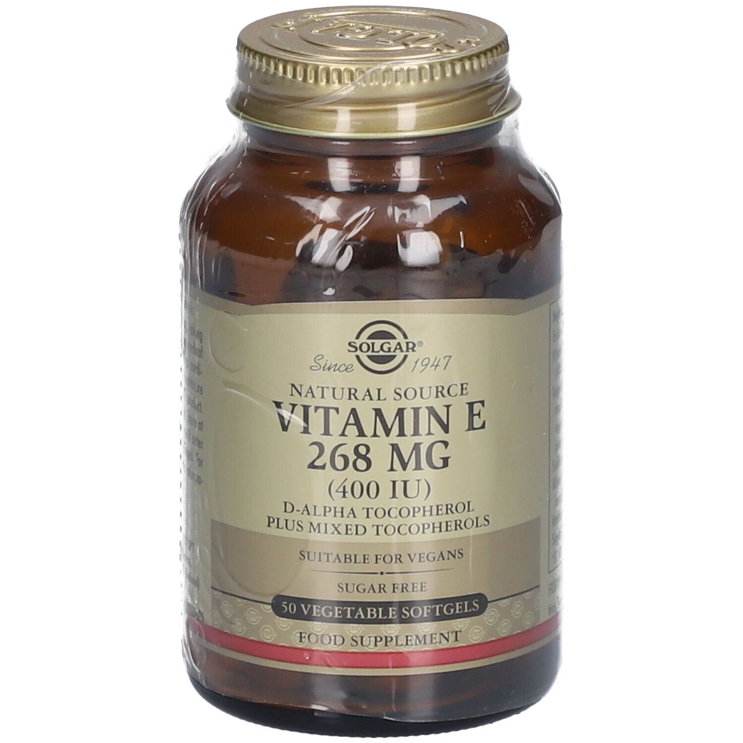 Bruine glazen fles met gouden dop. Etiket met informatie: Vitamine E 268 mg, 50 softgels, geschikt voor veganisten.
