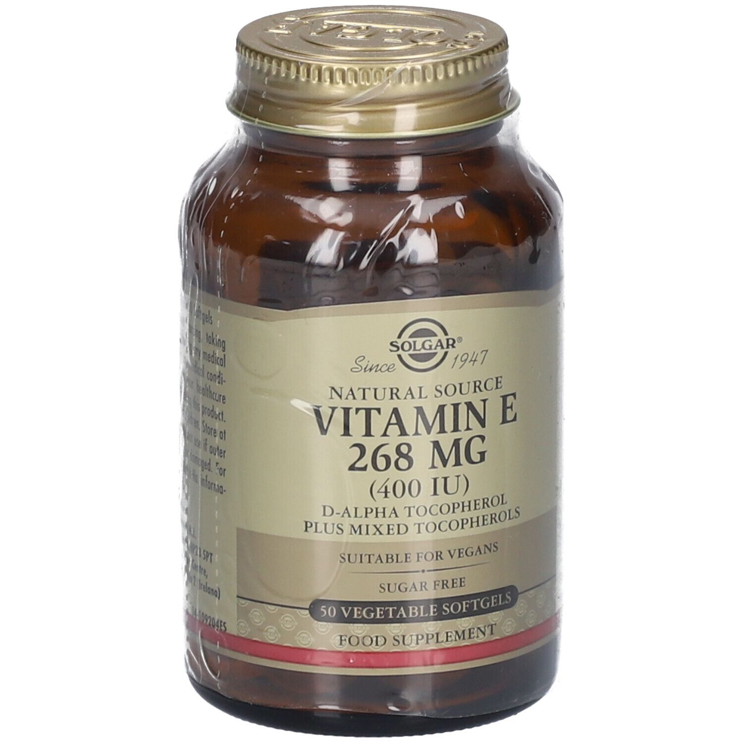 Bruine glazen fles met gouden dop. Etiket: Vitamine E 268 mg, 50 softgels, geschikt voor veganisten. Verpakt in folie.