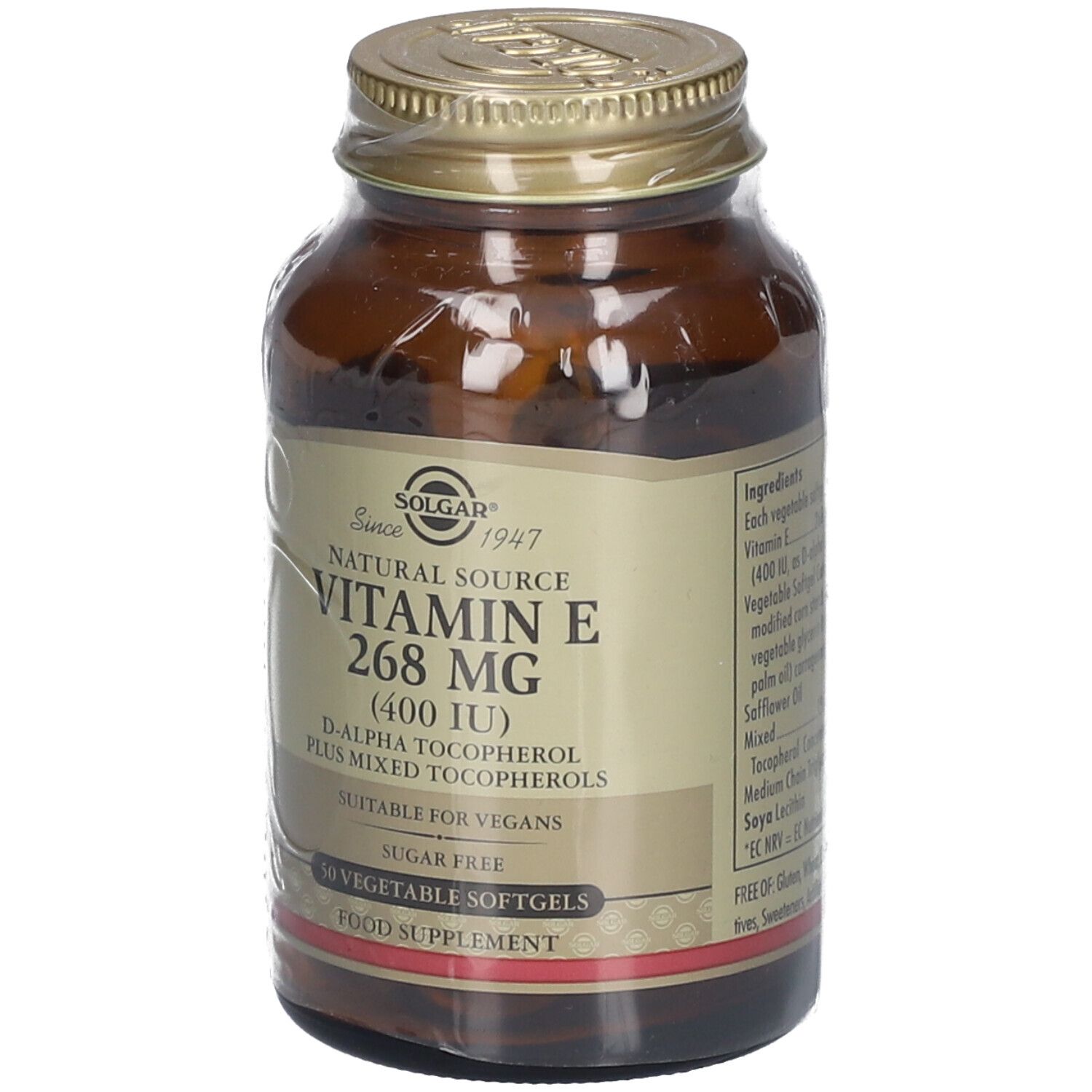 Bruine glazen fles met gouden dop. Etiket: Vitamine E 268 mg, 50 softgels, geschikt voor veganisten.