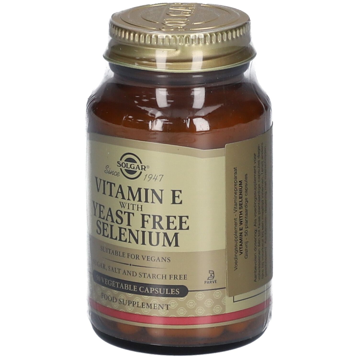 Flacon en verre brun avec couvercle doré. Inscription : Vitamin E with Yeast Free Selenium. Convient aux végétaliens.