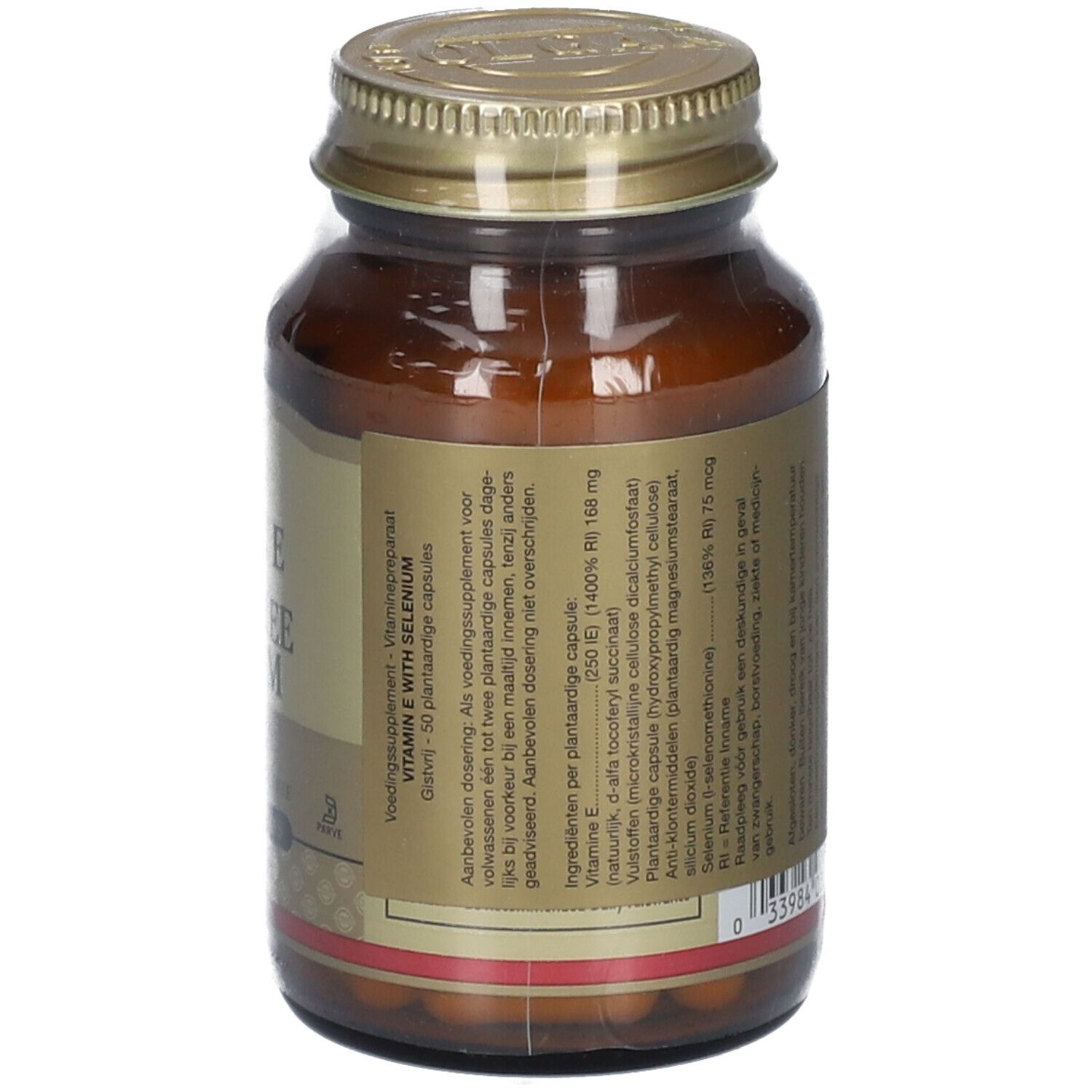 Dos d'un flacon en verre brun. Texte : Vitamin E with Yeast Free Selenium. Informations sur l'utilisation et les ingrédients.