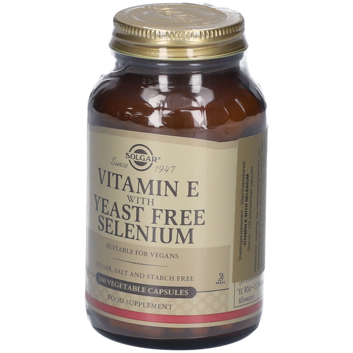 Flacon en verre brun avec couvercle doré. Inscription : Vitamine E avec sélénium sans levure. 100 gélules. Sceau.