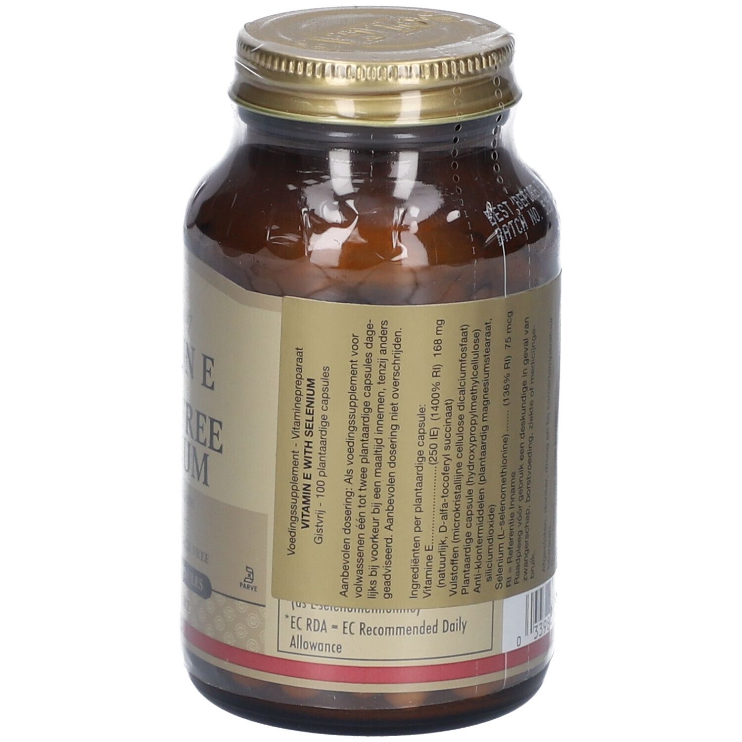 Dos du flacon. Texte : Vitamine E avec sélénium sans levure. Ingrédients. EC RDA. Numéro de lot et date de péremption.