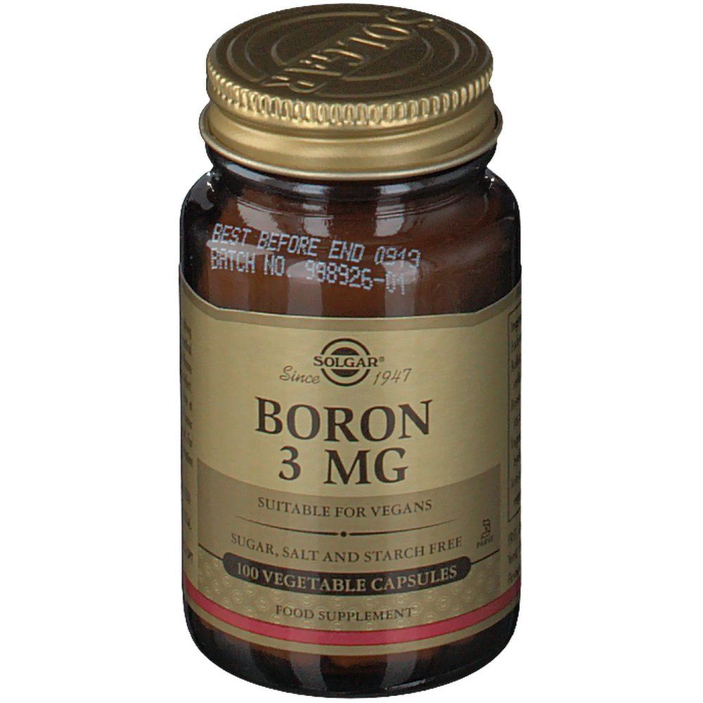 Bruine glazen fles met gouden dop. Opschrift: BORON 3 MG, 100 capsules. Geschikt voor veganisten.