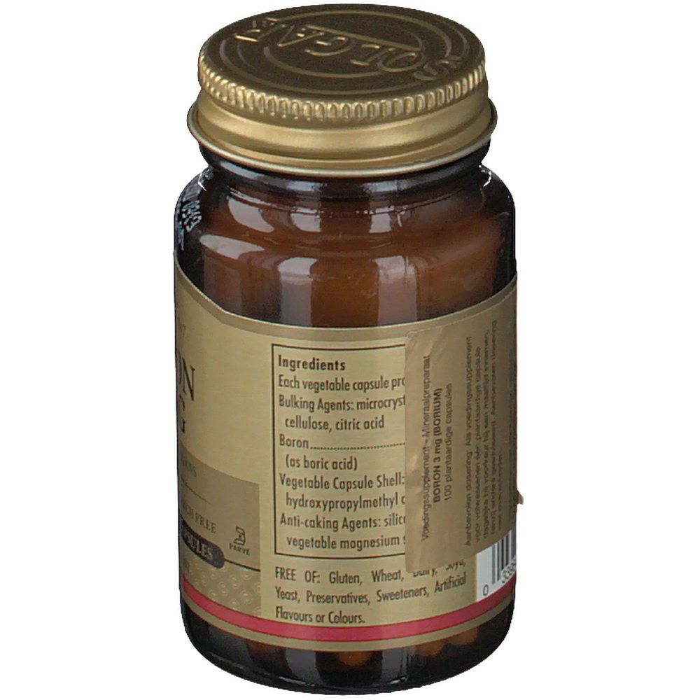Achterkant van de bruine glazen fles. Ingrediëntenlijst met capsule-inhoud. Engelse tekst.