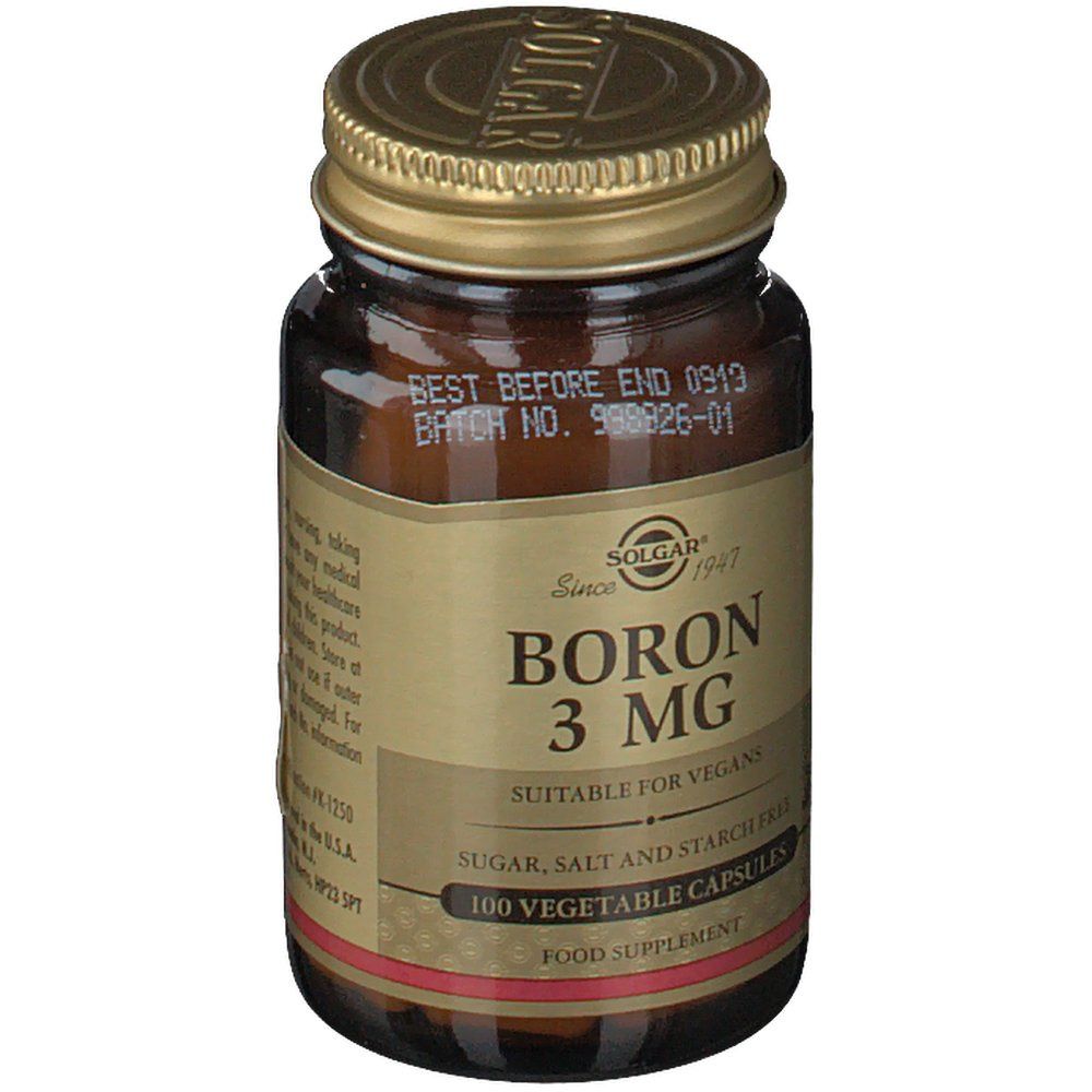Bruine glazen fles met gouden dop. Opschrift: BORON 3 MG, 100 capsules. Geschikt voor veganisten.