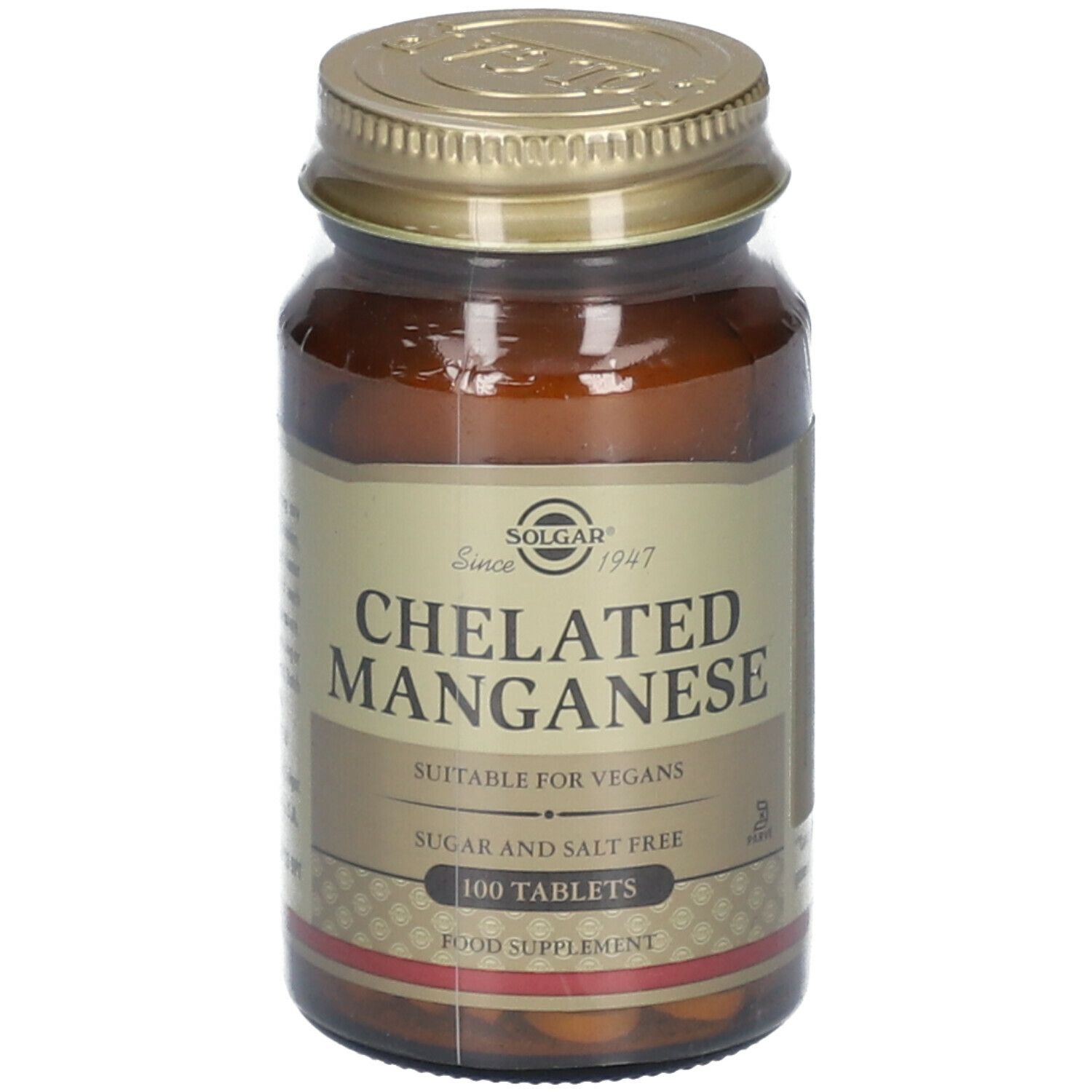 Bruine glazen fles met gouden dop. Etiket met "Chelated Manganese" en "100 Tablets". 