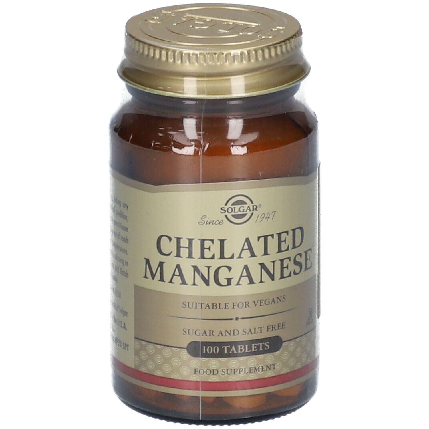 Bruine glazen fles met gouden dop. Etiket met "Chelated Manganese" en "100 Tablets". 