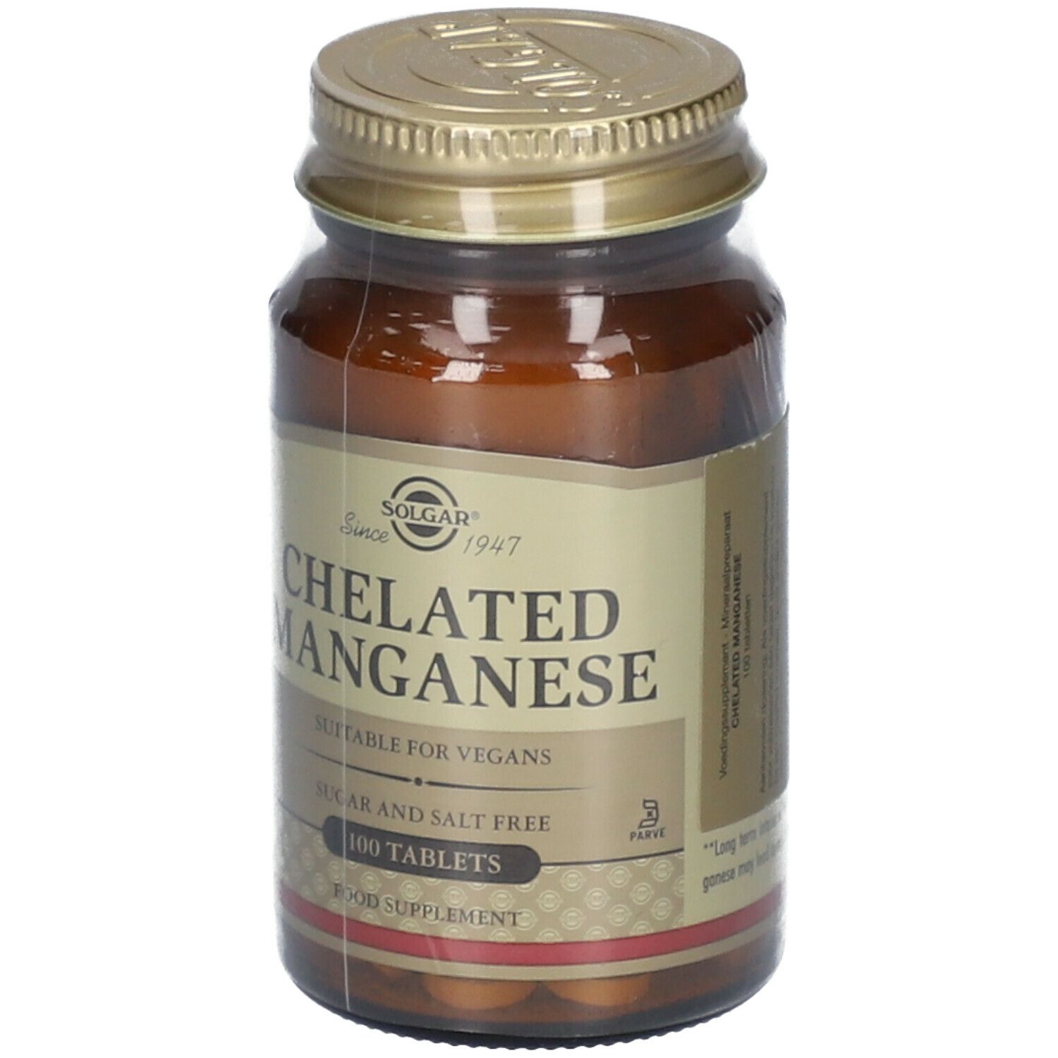 Bruine glazen fles met gouden dop. Etiket met "Chelated Manganese" en "100 Tablets". 