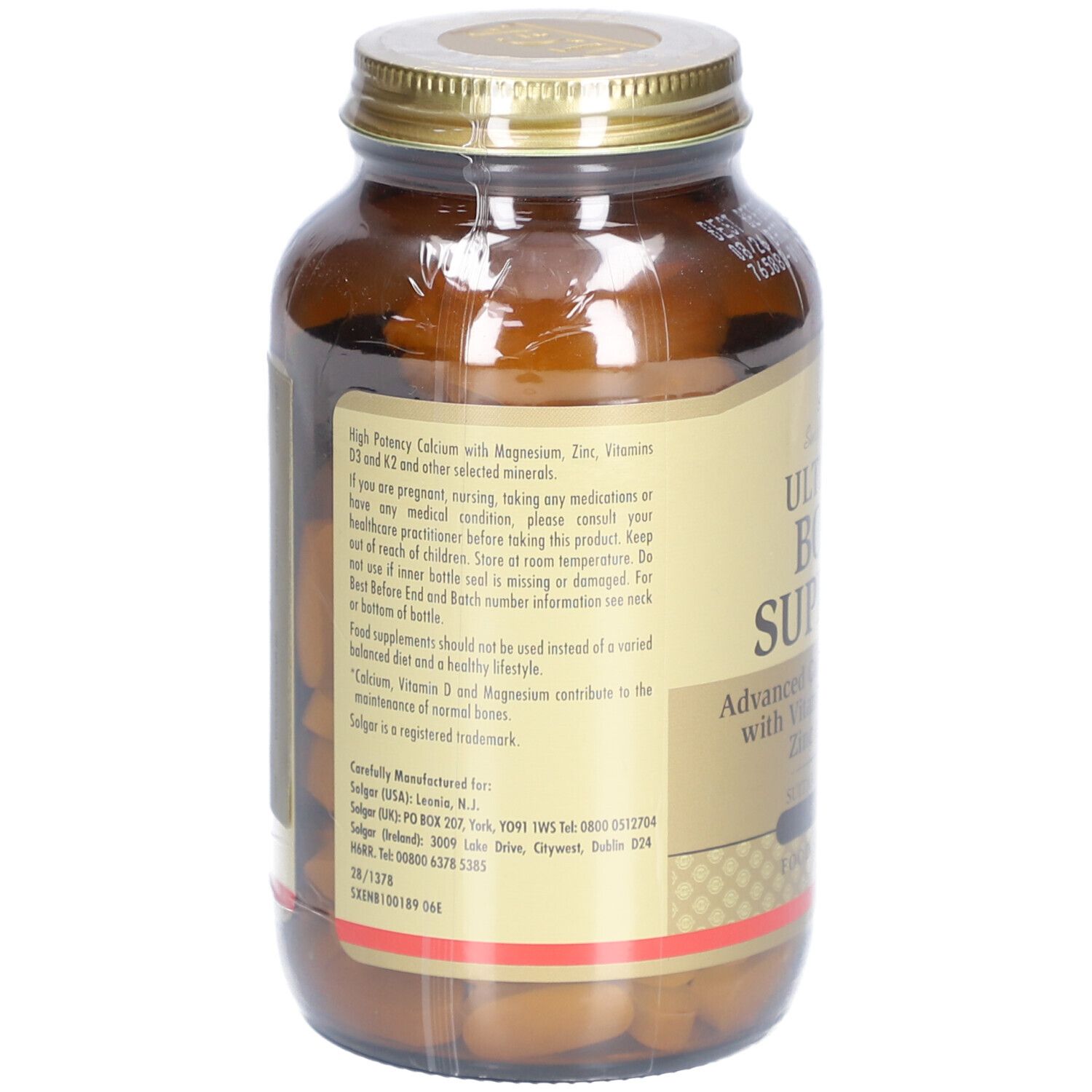 Rückseite einer braunen Glasflasche mit goldfarbenem Deckel. Etikett mit Produktinformationen und Inhaltsstoffen. Enthält Calcium, Magnesium, Zink.