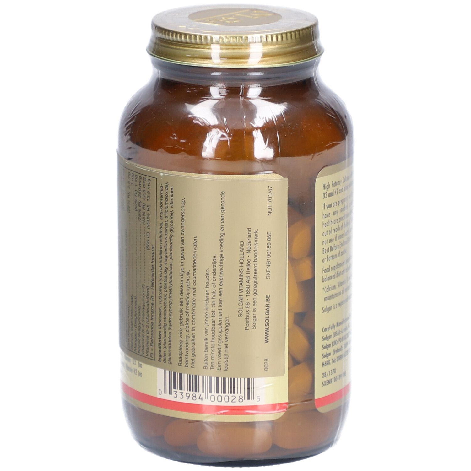 Rückseite einer braunen Glasflasche mit goldfarbenem Deckel. Etikett mit Produktinformationen in niederländischer Sprache. Enthält Calcium, Magnesium, Zink.