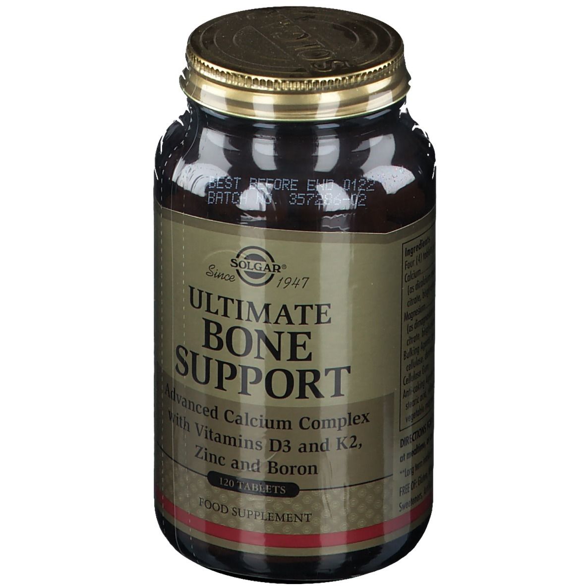 Braune Glasflasche mit goldfarbenem Deckel. Etikett mit Produktnamen: Ultimate Bone Support. Enthält 120 Tabletten. Geeignet für Veganer.