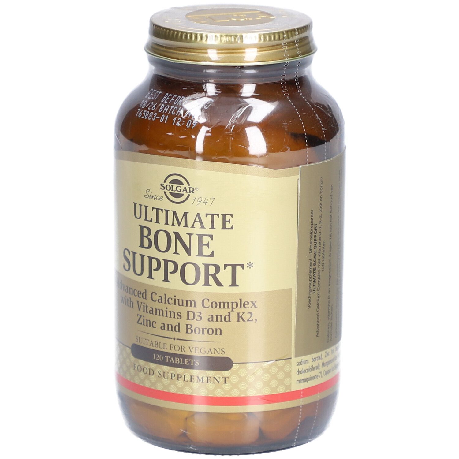 Braune Glasflasche mit goldfarbenem Deckel. Etikett mit Produktnamen: Ultimate Bone Support. Enthält 120 Tabletten. Geeignet für Veganer.