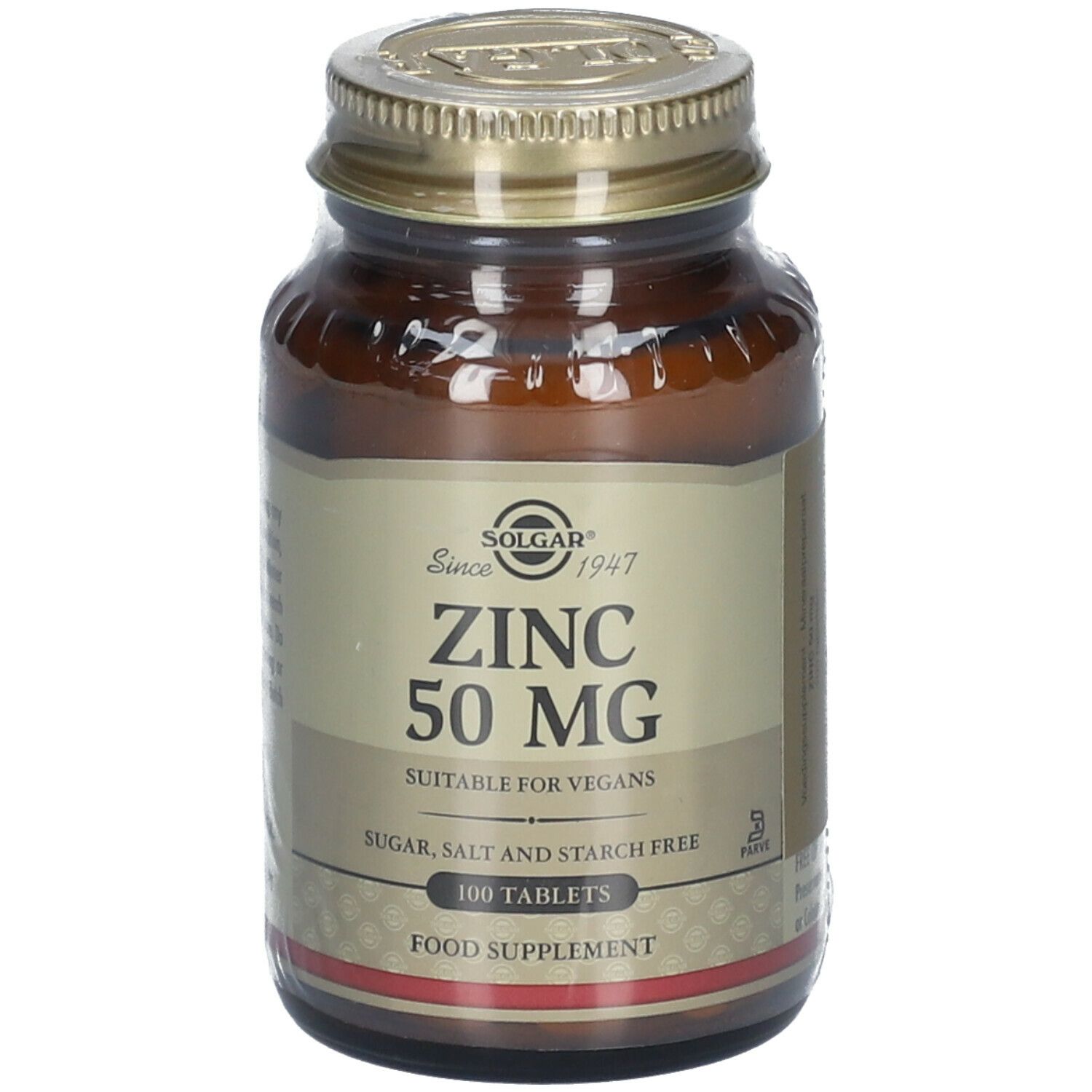 Flacon en verre brun avec bouchon doré. Étiquette "ZINC 50 MG" et "100 TABLETS". Marque : Solgar.