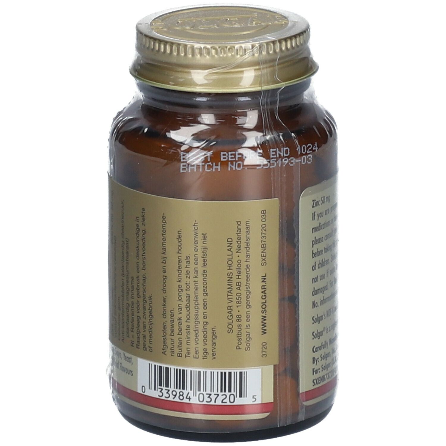 Dos d'un flacon en verre brun. Étiquette avec informations et code-barres. Marque : Solgar Vitamins Holland.