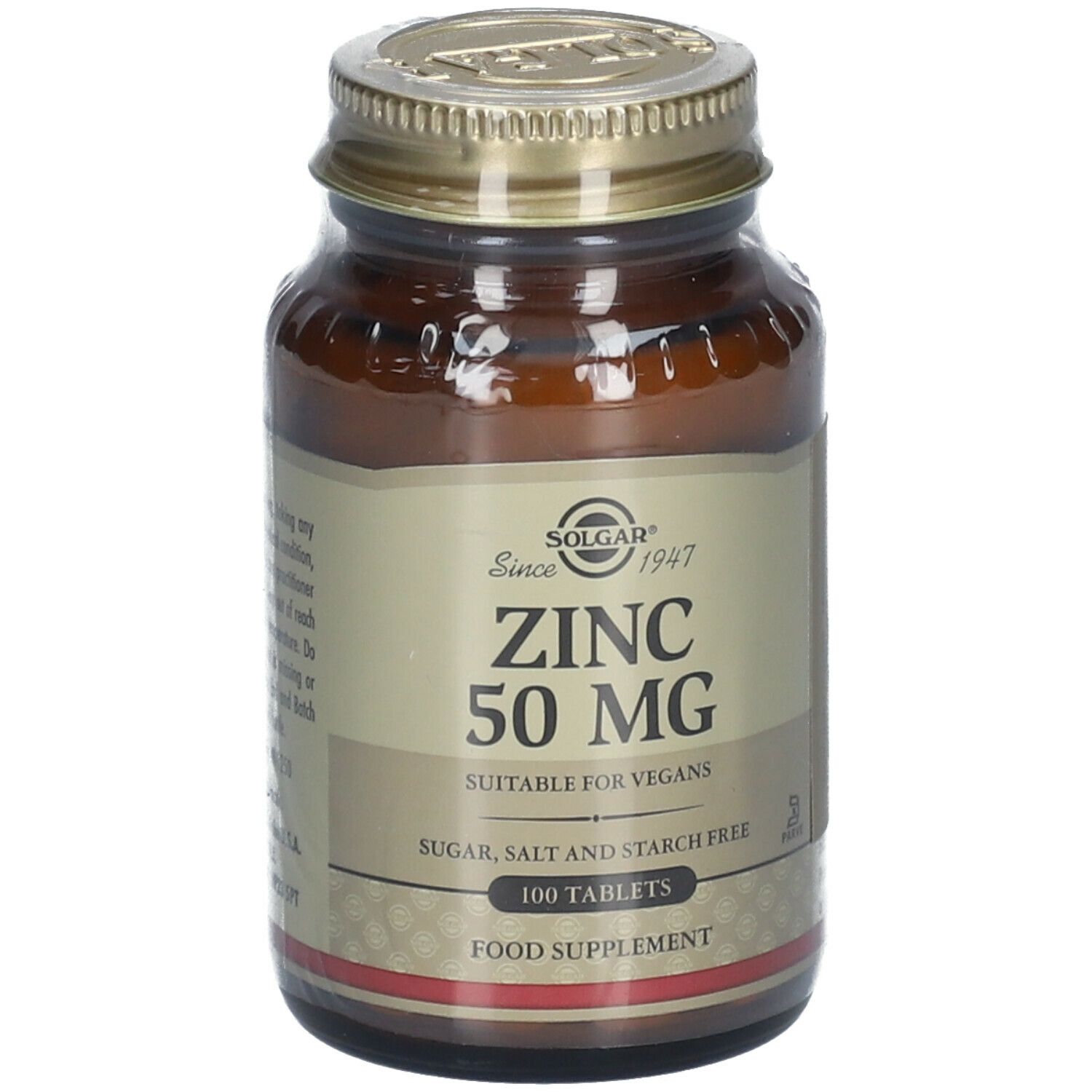 Flacon en verre brun avec bouchon doré. Étiquette "ZINC 50 MG" et "100 TABLETS". Marque : Solgar.