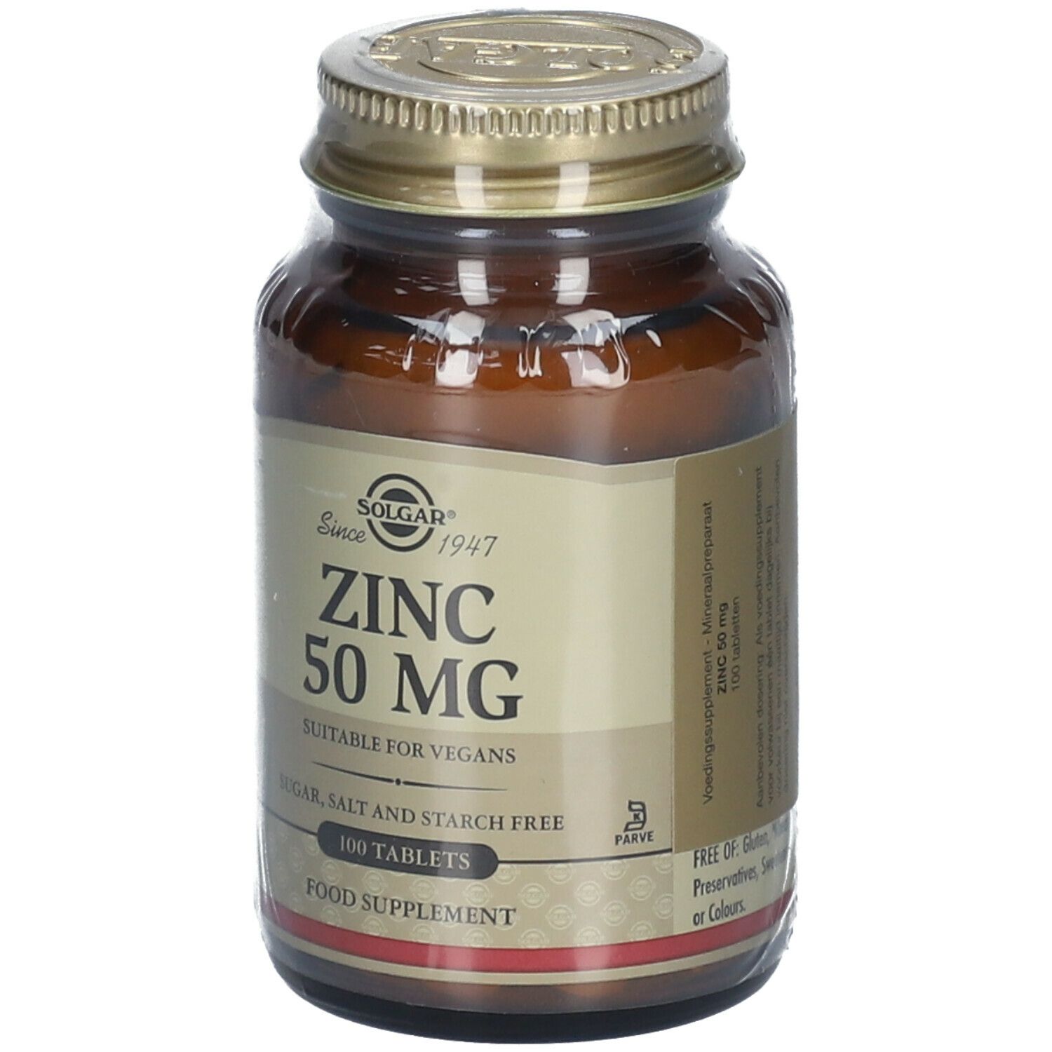 Flacon en verre brun avec bouchon doré. Étiquette "ZINC 50 MG" et "100 TABLETS". Marque : Solgar.