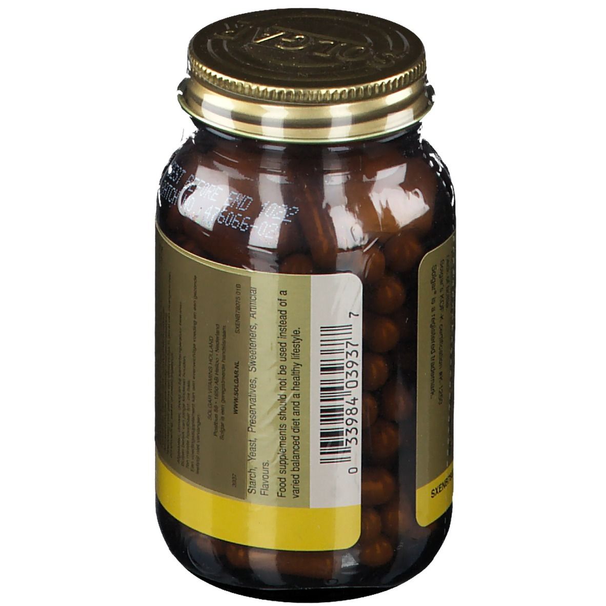 Bruine glazen fles met gouden dop. Etiket met tekst en barcode. Merk: SOLGAR.