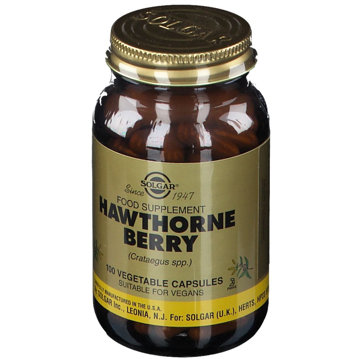 Bruine glazen fles met gouden dop. Etiket met tekst: Hawthorne Berry, 100 capsules. Merk: SOLGAR.