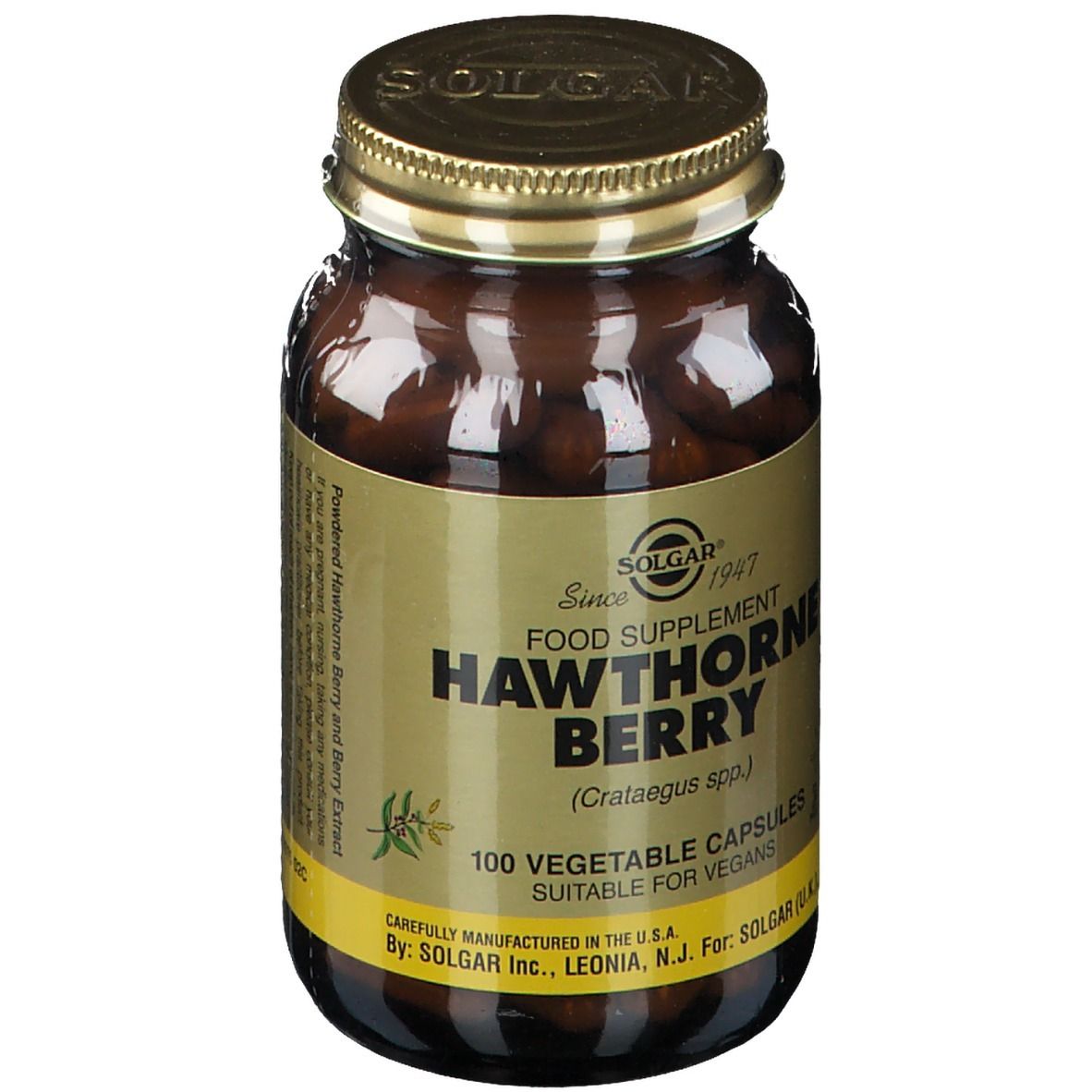 Bruine glazen fles met gouden dop. Etiket met tekst: Hawthorne Berry, 100 capsules. Merk: SOLGAR.