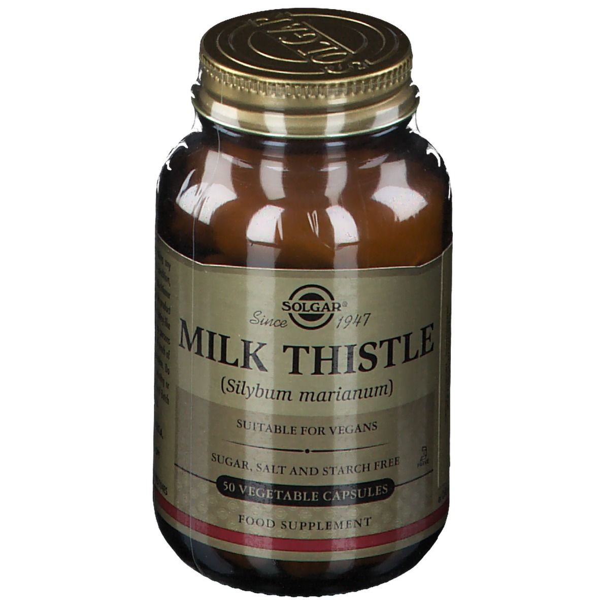 Braune Glasflasche mit goldenem Deckel. Etikett mit "Milk Thistle" und "50 Vegetable Capsules". Marke: Solgar.
