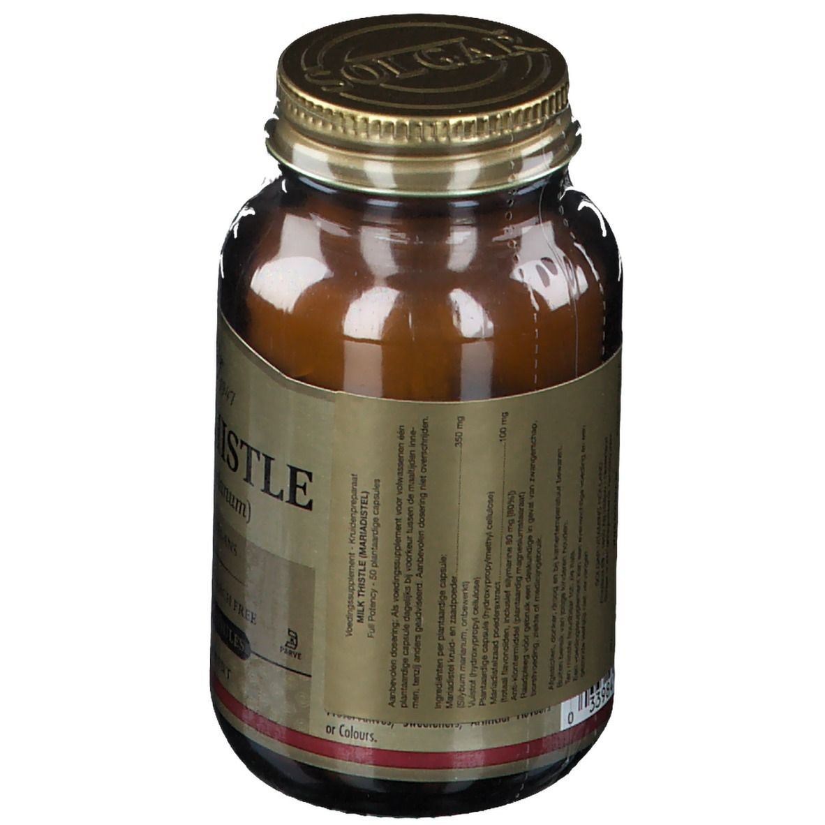 Braune Glasflasche mit goldenem Deckel. Etikett mit Produktinformationen. Marke: Solgar.