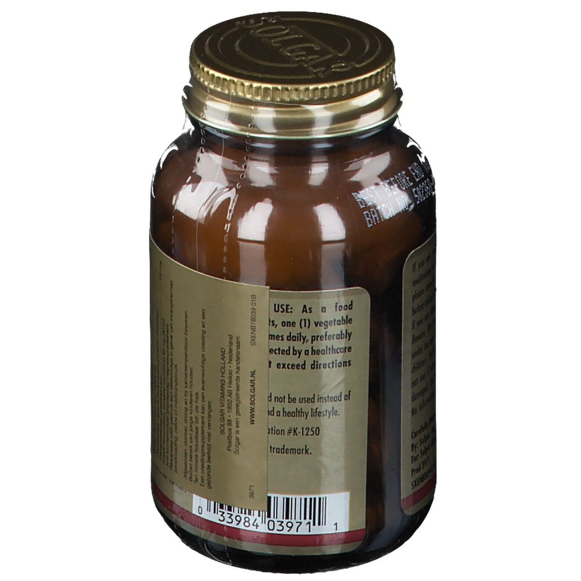 Braune Glasflasche mit goldenem Deckel. Etikett mit Produktinformationen. Marke: Solgar.