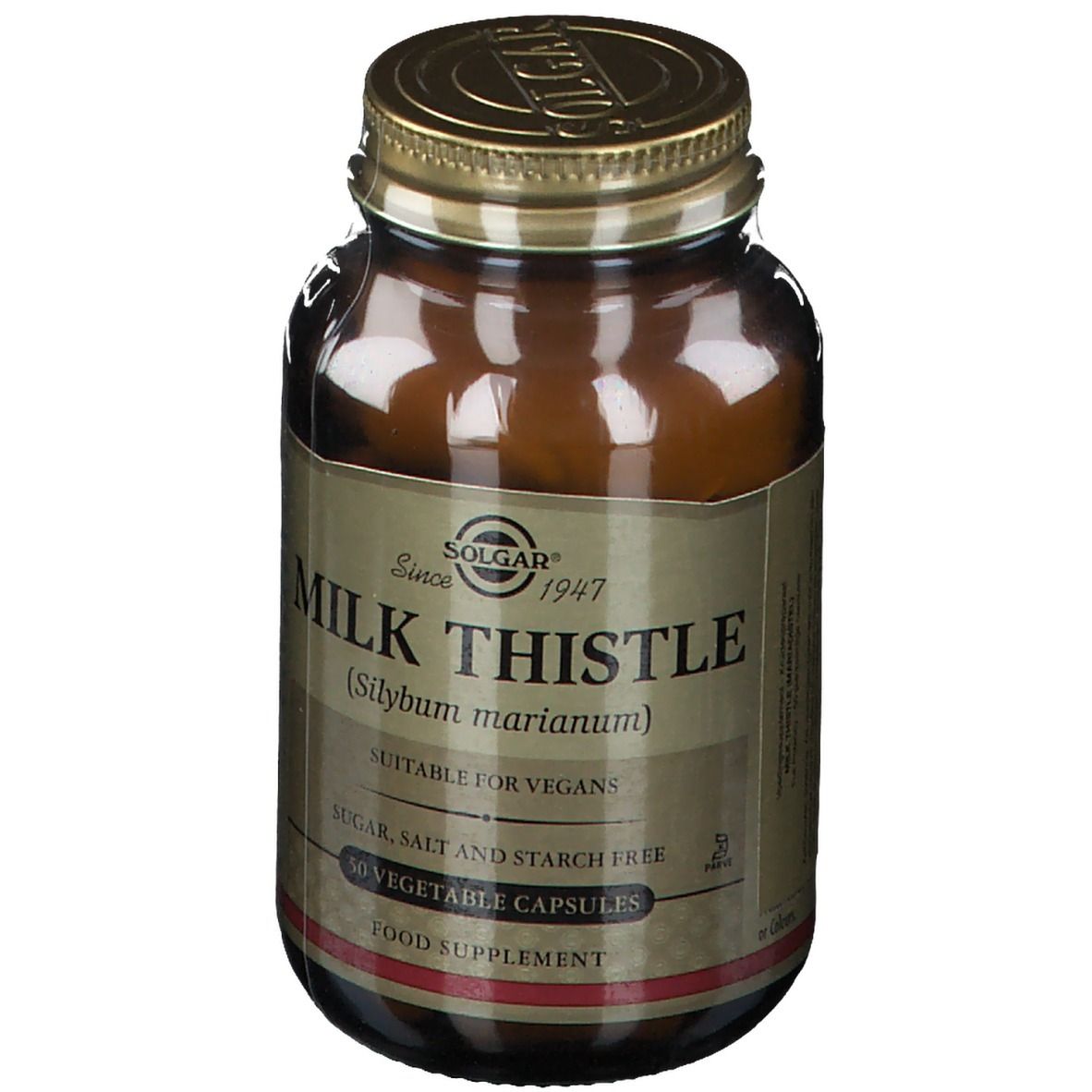 Braune Glasflasche mit goldenem Deckel. Etikett mit "Milk Thistle" und "50 Vegetable Capsules". Marke: Solgar.