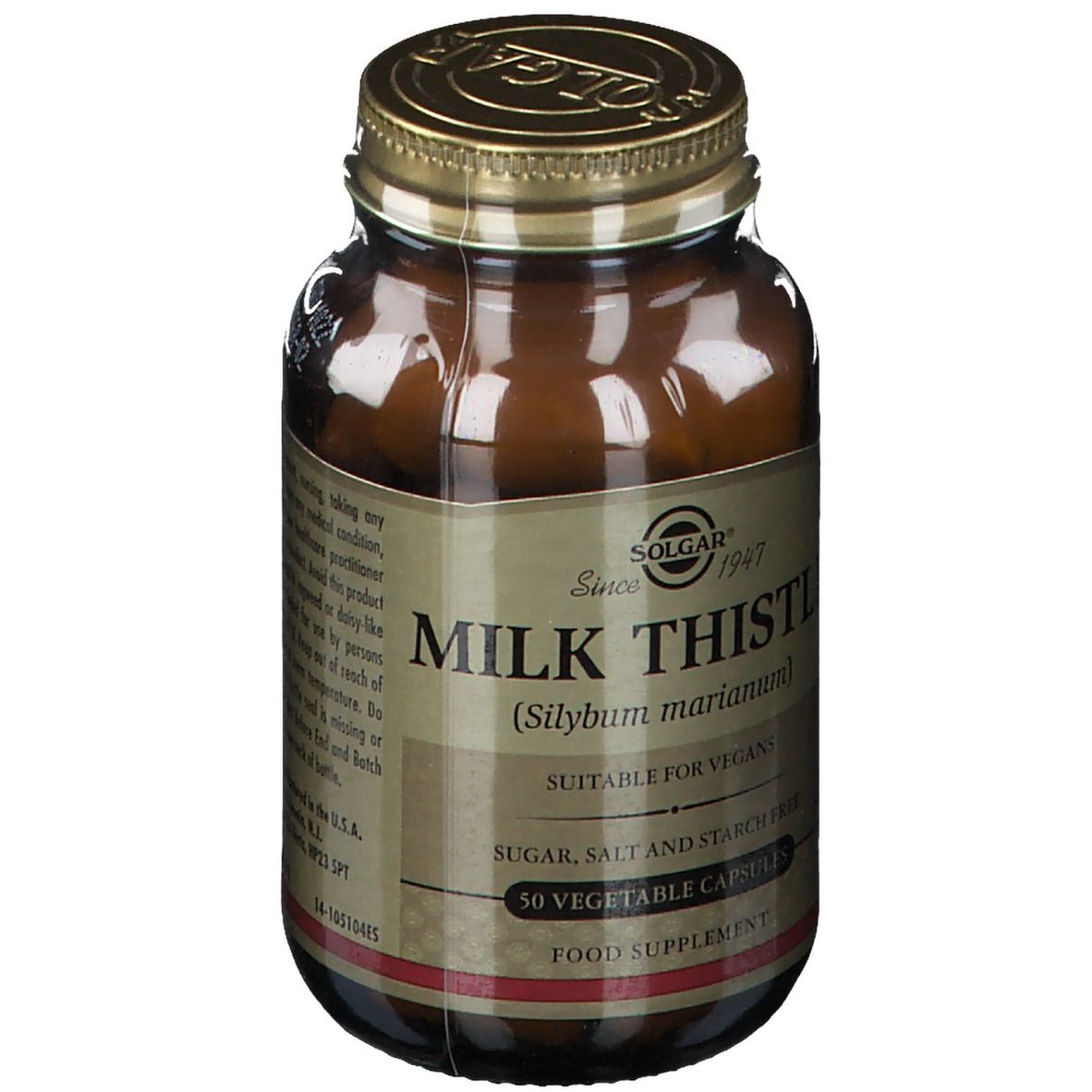 Braune Glasflasche mit goldenem Deckel. Etikett mit "Milk Thistle" und "50 Vegetable Capsules". Marke: Solgar.