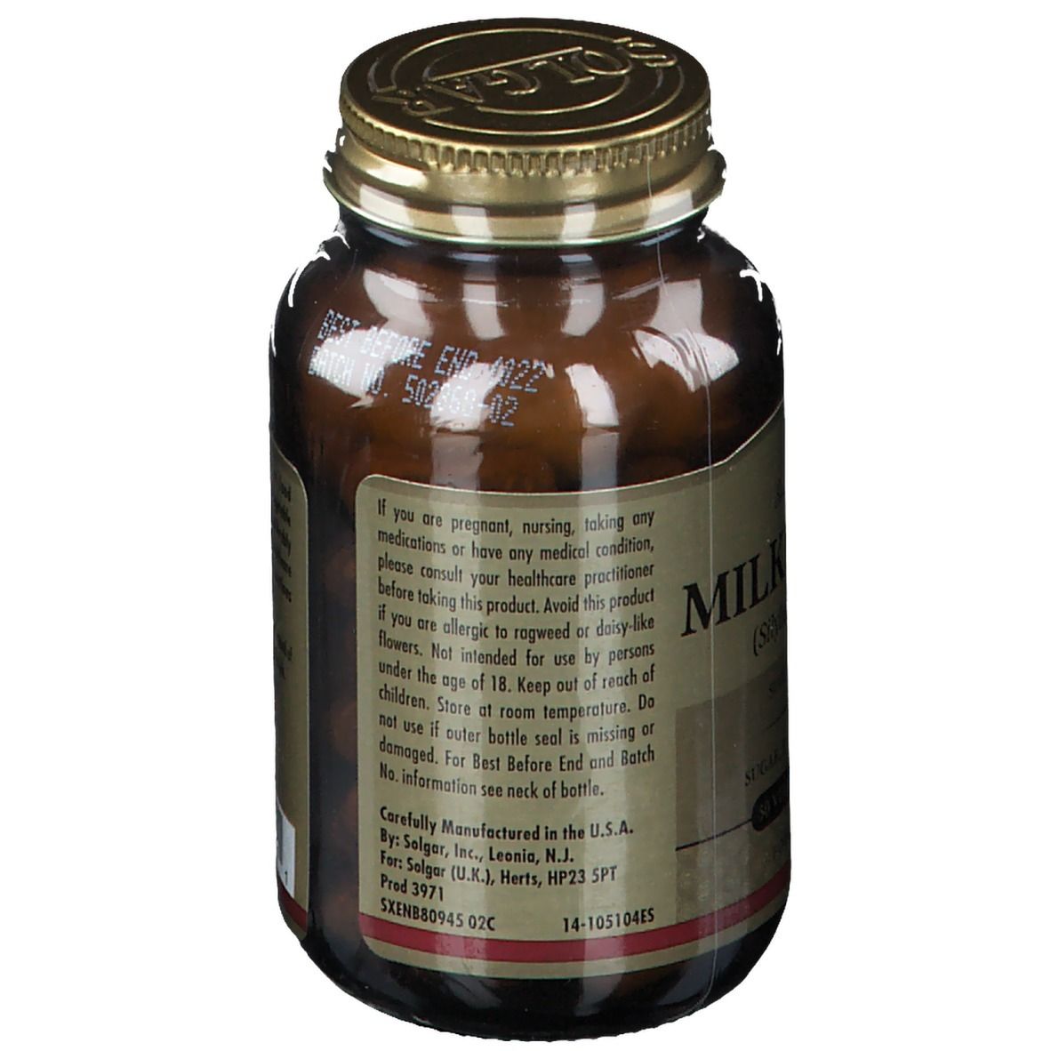 Braune Glasflasche mit goldenem Deckel. Etikett mit Produktinformationen. Marke: Solgar.