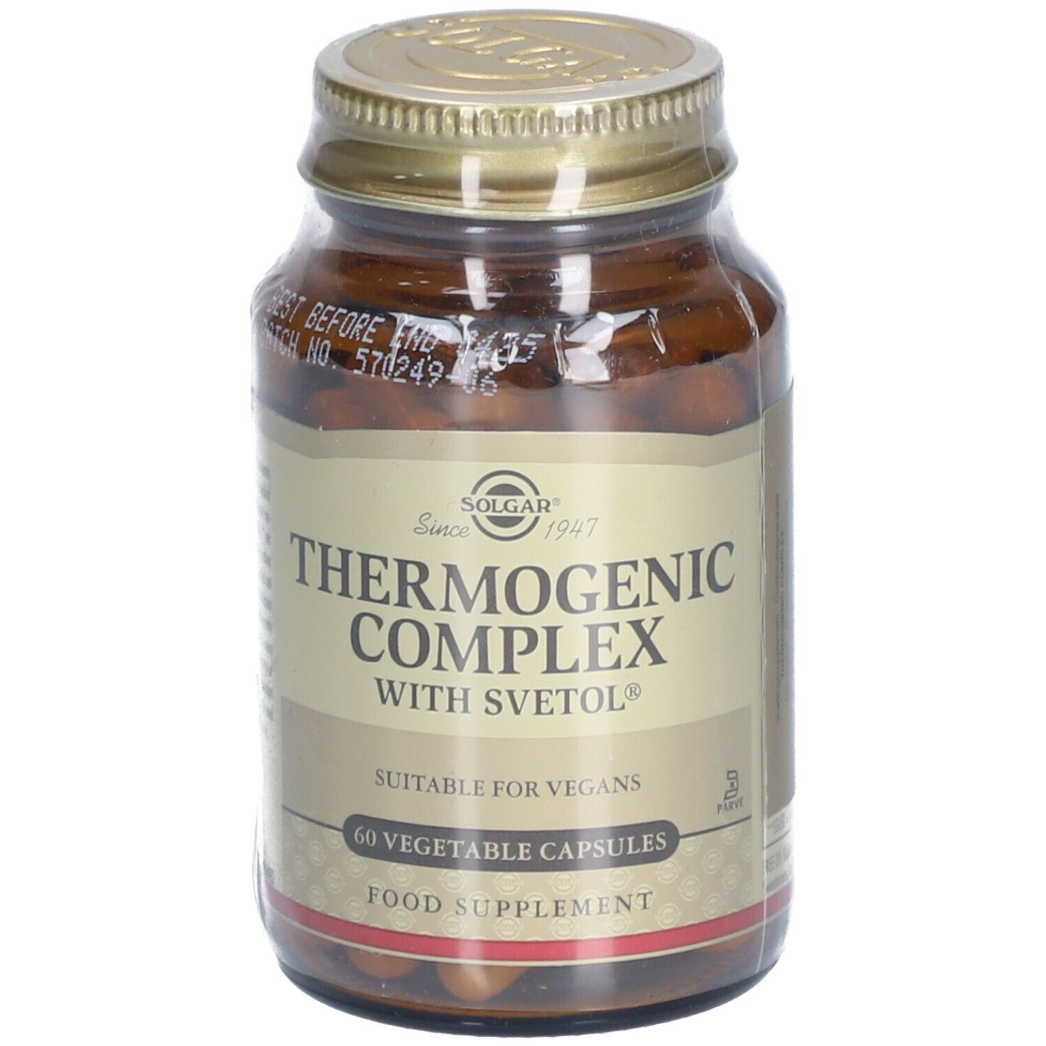 Flacon en verre brun avec couvercle doré. Étiquette avec "Thermogenic Complex" et "60 Vegetable Capsules".
