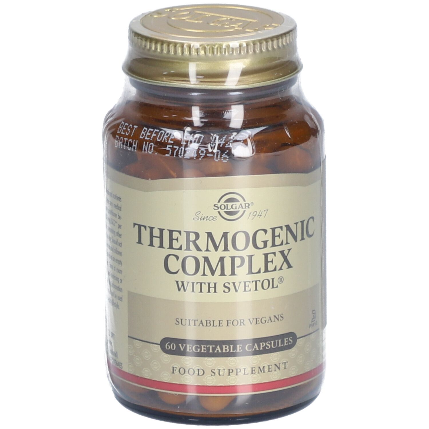 Flacon en verre brun avec couvercle doré. Étiquette avec "Thermogenic Complex" et "60 Vegetable Capsules".
