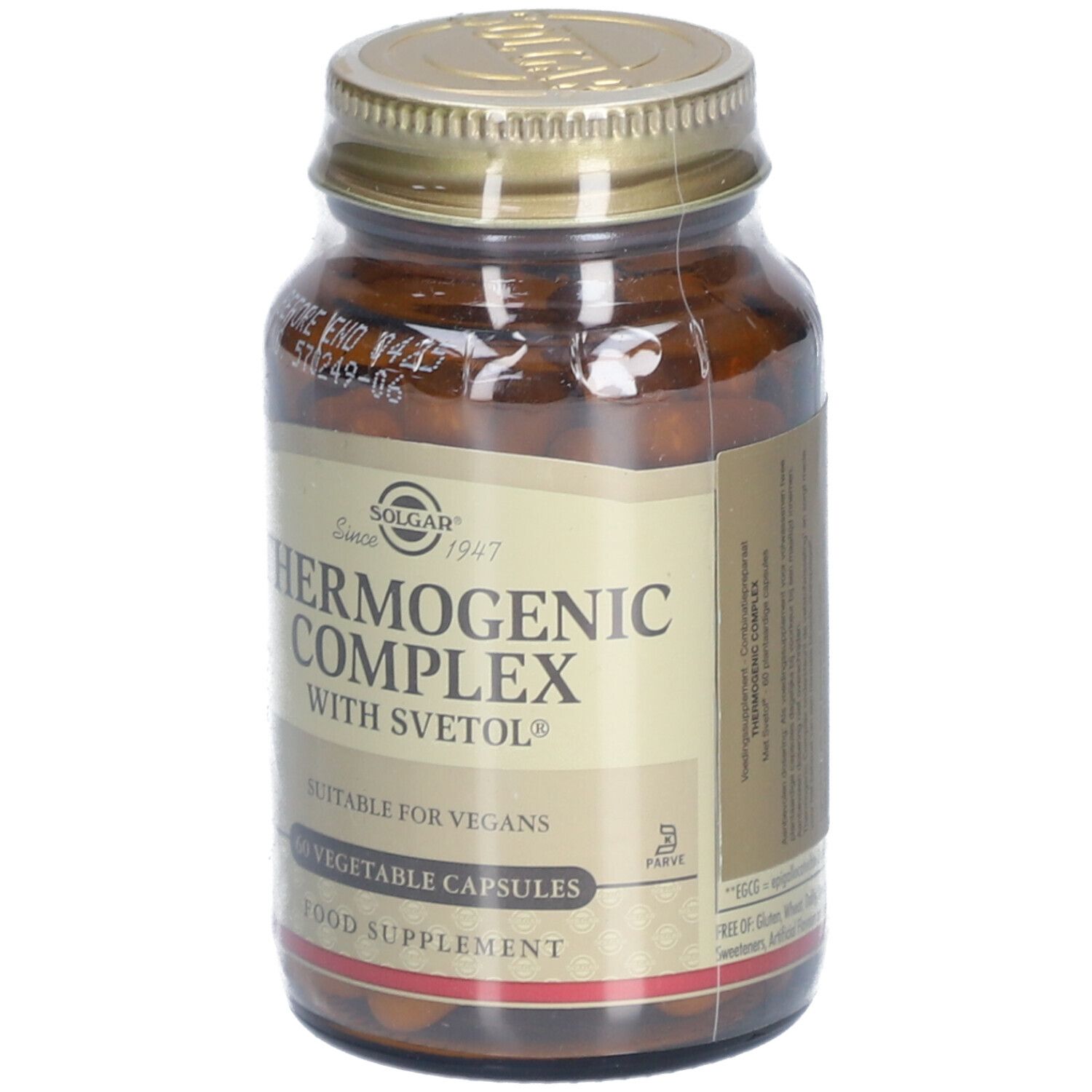 Flacon en verre brun avec couvercle doré. Étiquette avec "Thermogenic Complex" et "60 Vegetable Capsules".