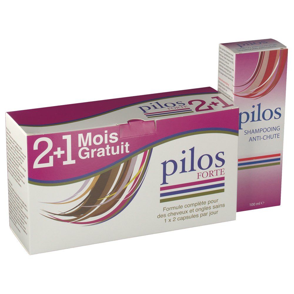 Verpakking met capsules en shampoo. Opschrift: Pilos Forte, 2+1 Gratis. Shampoo verpakking: Anti-haaruitval.