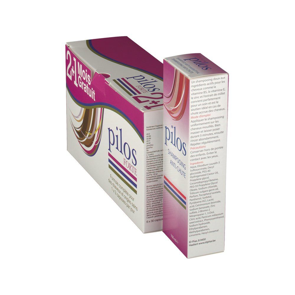 Schuin geplaatste verpakking met capsules en shampoo. Opschrift: Pilos Forte, 2+1 Gratis. Shampoo verpakking: Anti-haaruitval.
