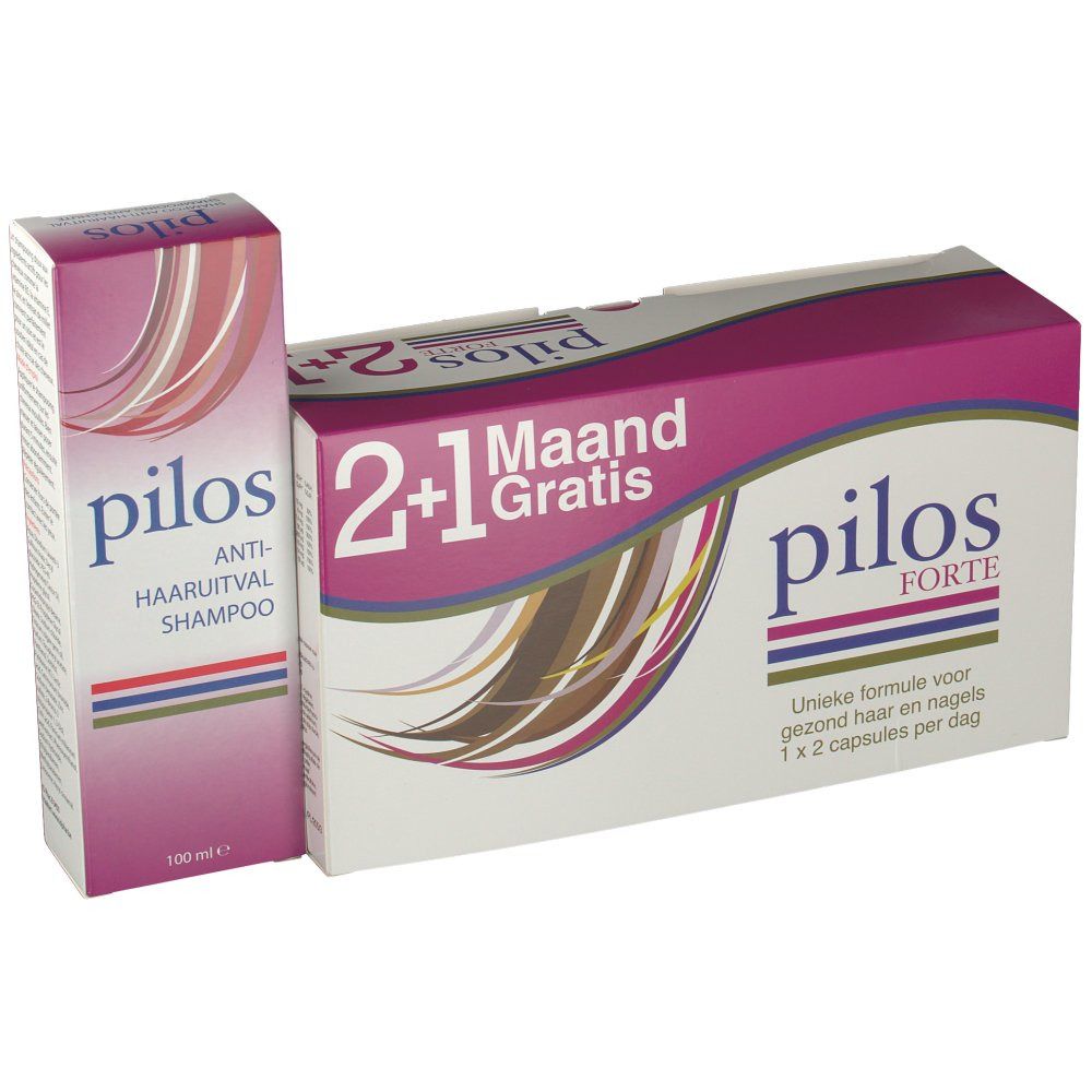 Verpakking met capsules en shampoo. Opschrift: Pilos Forte, 2+1 Gratis. Shampoo verpakking: Anti-haaruitval Shampoo.