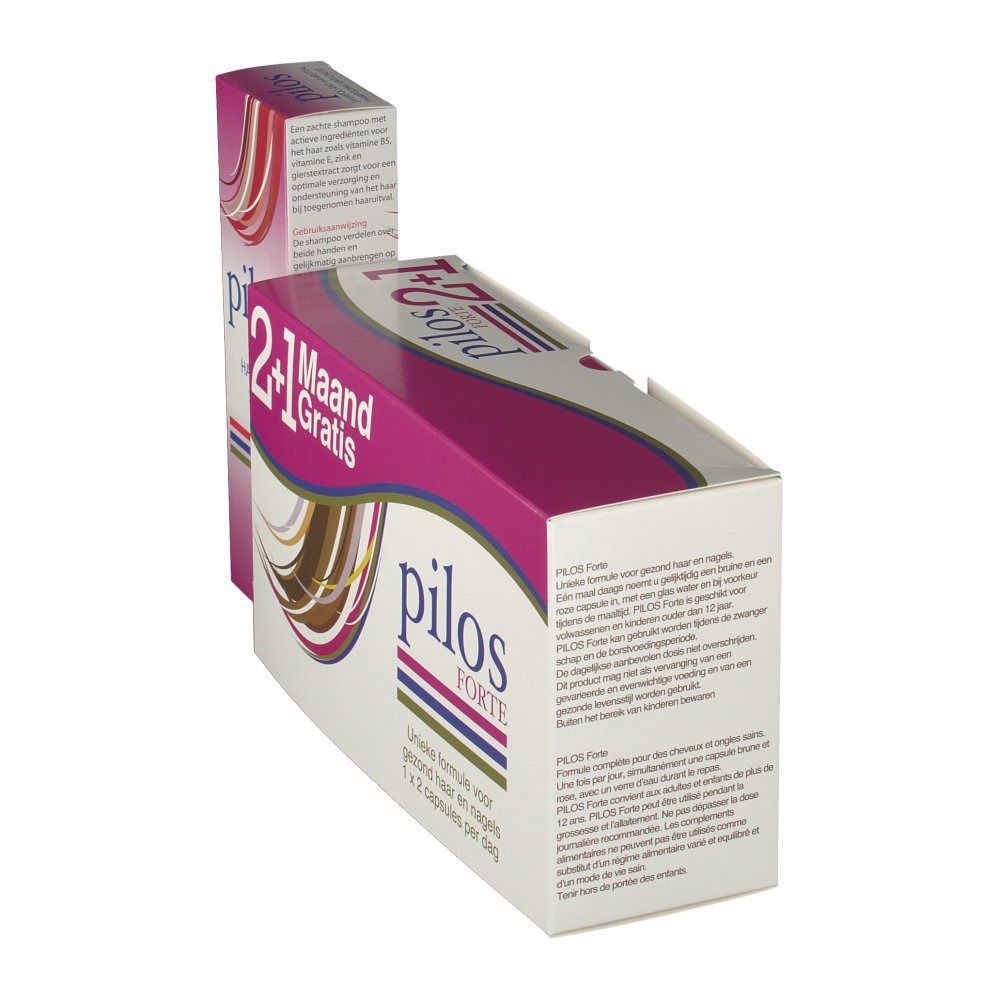 Schuin geplaatste verpakking met capsules en shampoo. Opschrift: Pilos Forte, 2+1 Gratis. Shampoo verpakking: Anti-haaruitval Shampoo.