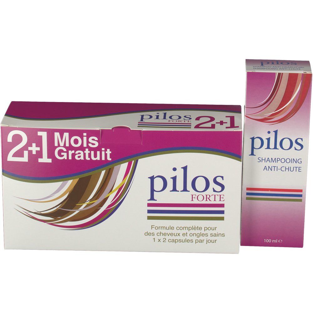 Verpakking met capsules en shampoo. Opschrift: Pilos Forte, 2+1 Gratis. Shampoo verpakking: Anti-haaruitval.