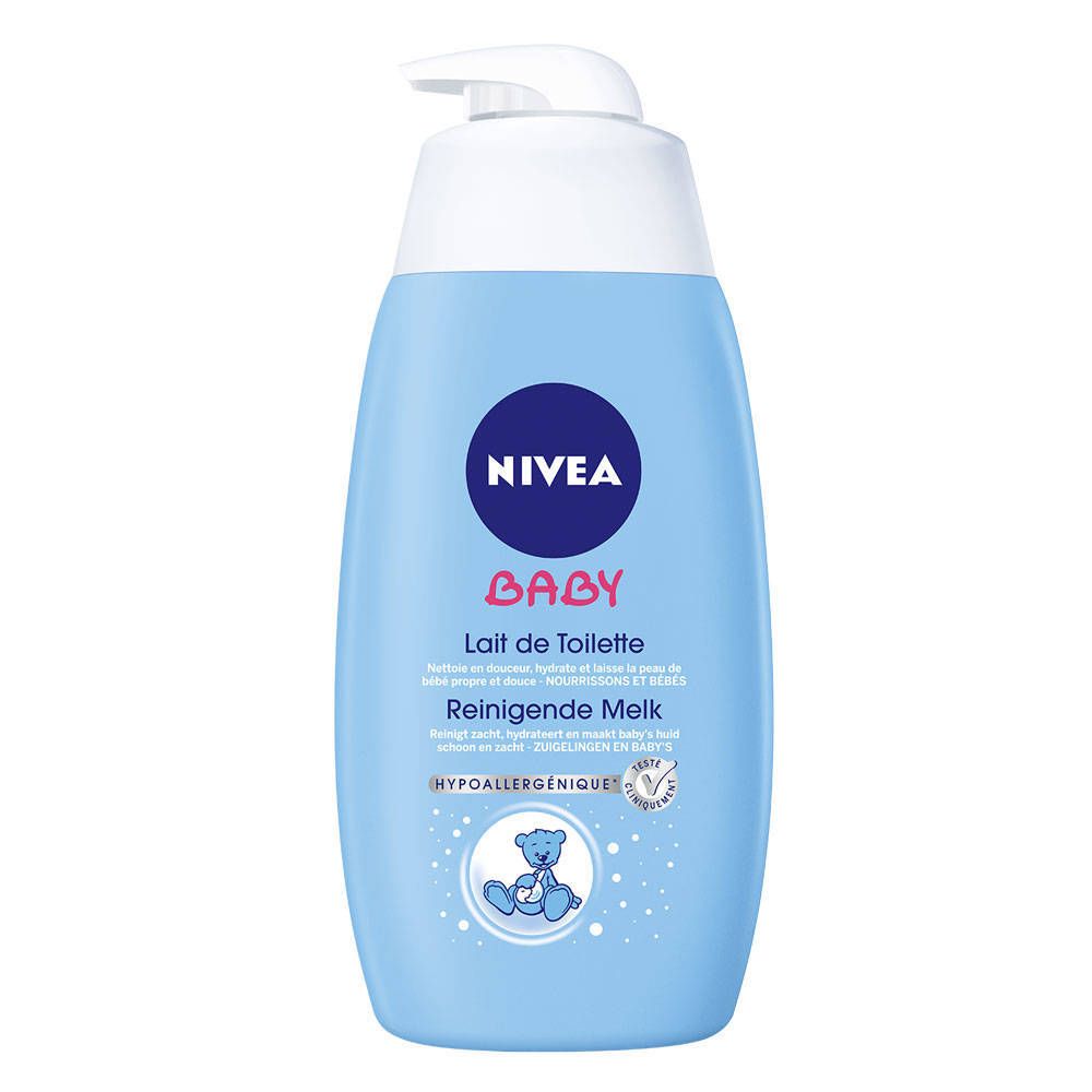 Flacon bleu clair avec pompe blanche. Inscription: NIVEA BABY, Lait de Toilette, Reinigende Melk. Logo ours en peluche.