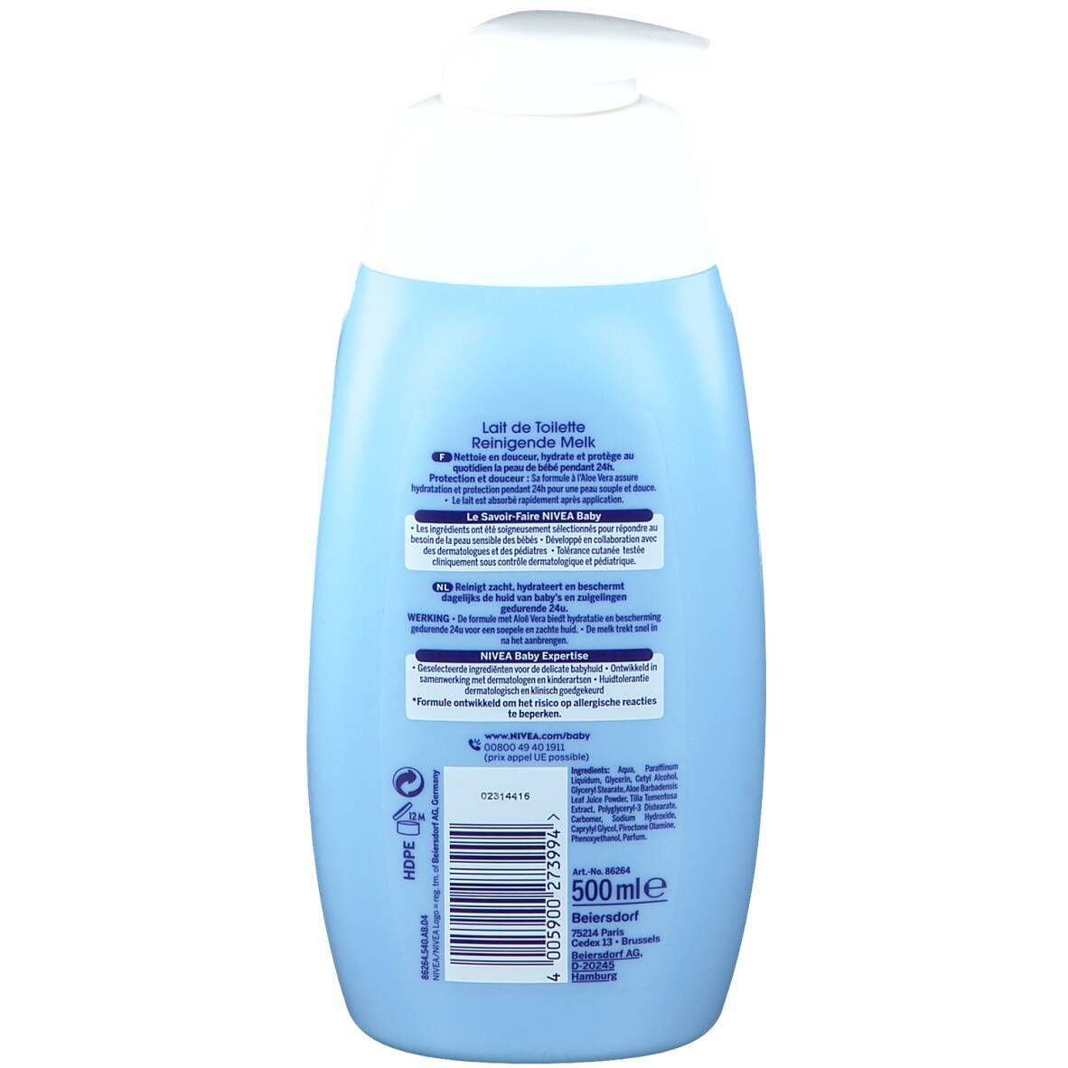 Dos d'un flacon bleu clair. Texte multilingue. Code-barres et indication de volume: 500 ml.