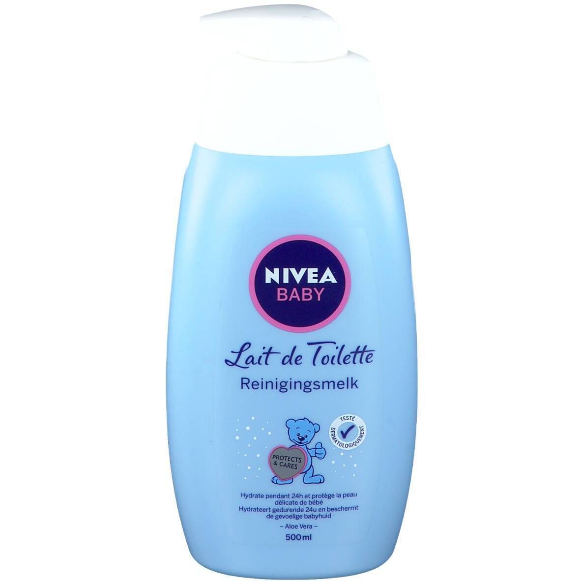 Flacon bleu clair avec pompe blanche. Inscription: NIVEA BABY, Lait de Toilette, Reinigingsmelk. Logo ours en peluche.
