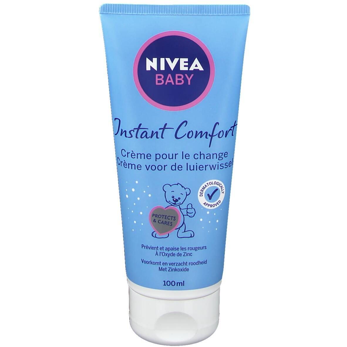 Lichtblauwe tube met NIVEA BABY logo. Tekst: Instant Comfort, Crème pour le change. Met zinkoxide. Dermatologisch getest.