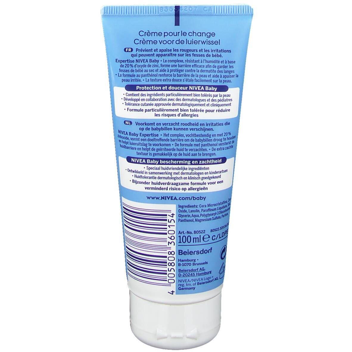 Achterkant van de tube. Tekst: Crème pour le change, Expertise NIVEA Baby, 100 ml. Dermatologisch getest. Fabrikantinformatie.