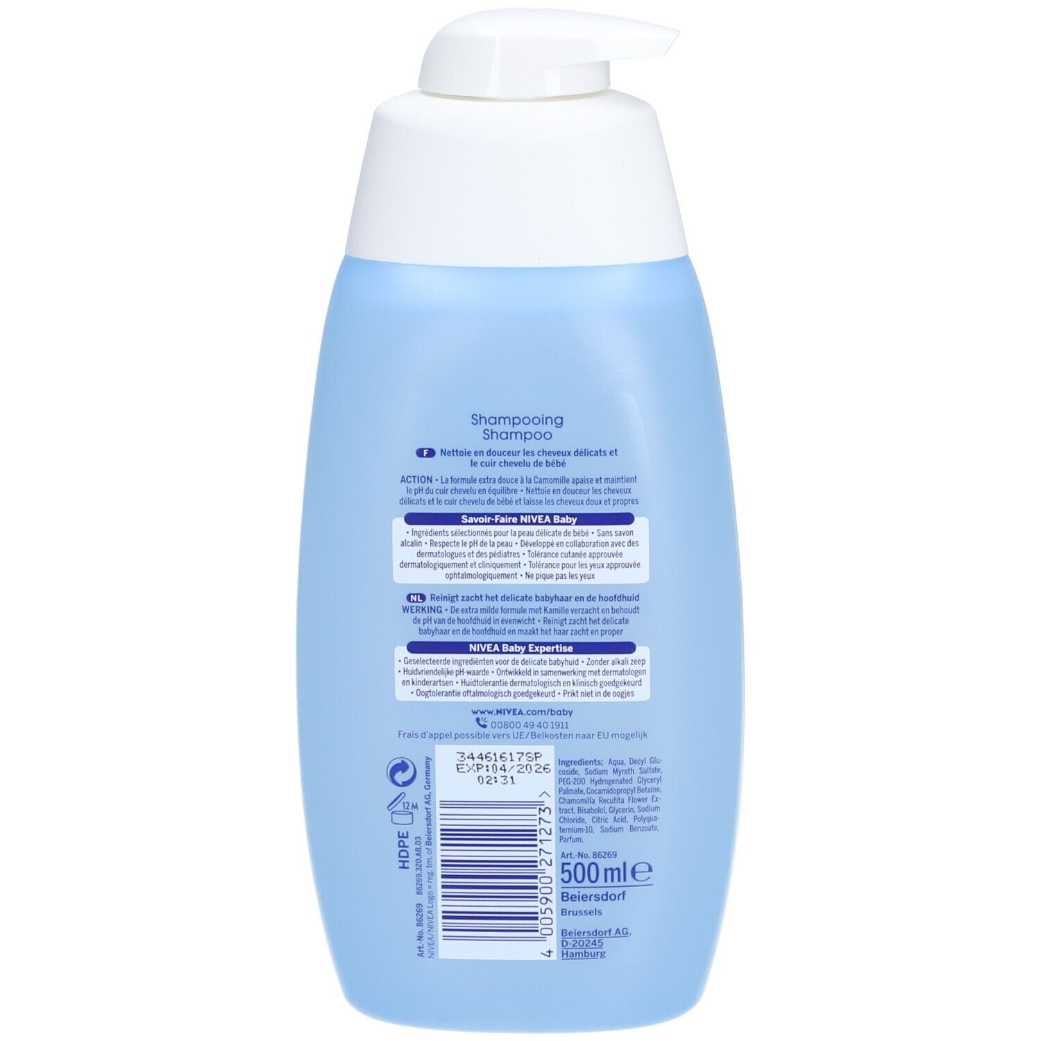 Vue arrière du flacon de shampooing NIVEA Baby bleu clair avec pompe blanche. Étiquette avec informations sur le produit et code-barres.