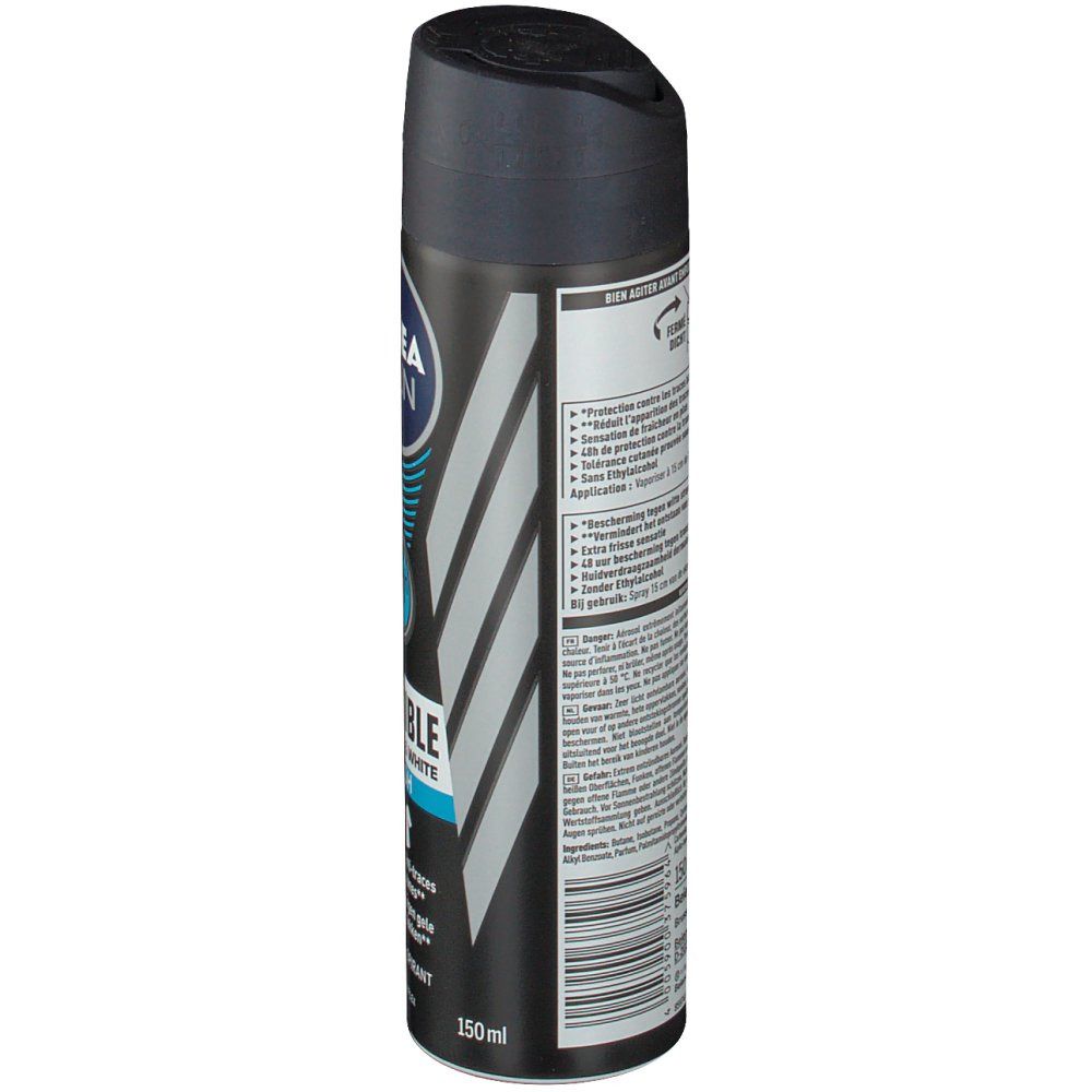 NIVEA MEN deodorant spray. Zijaanzicht. Zwarte dop. Tekst: Invisible Fresh. 150ml. Barcode. Productinformatie.
